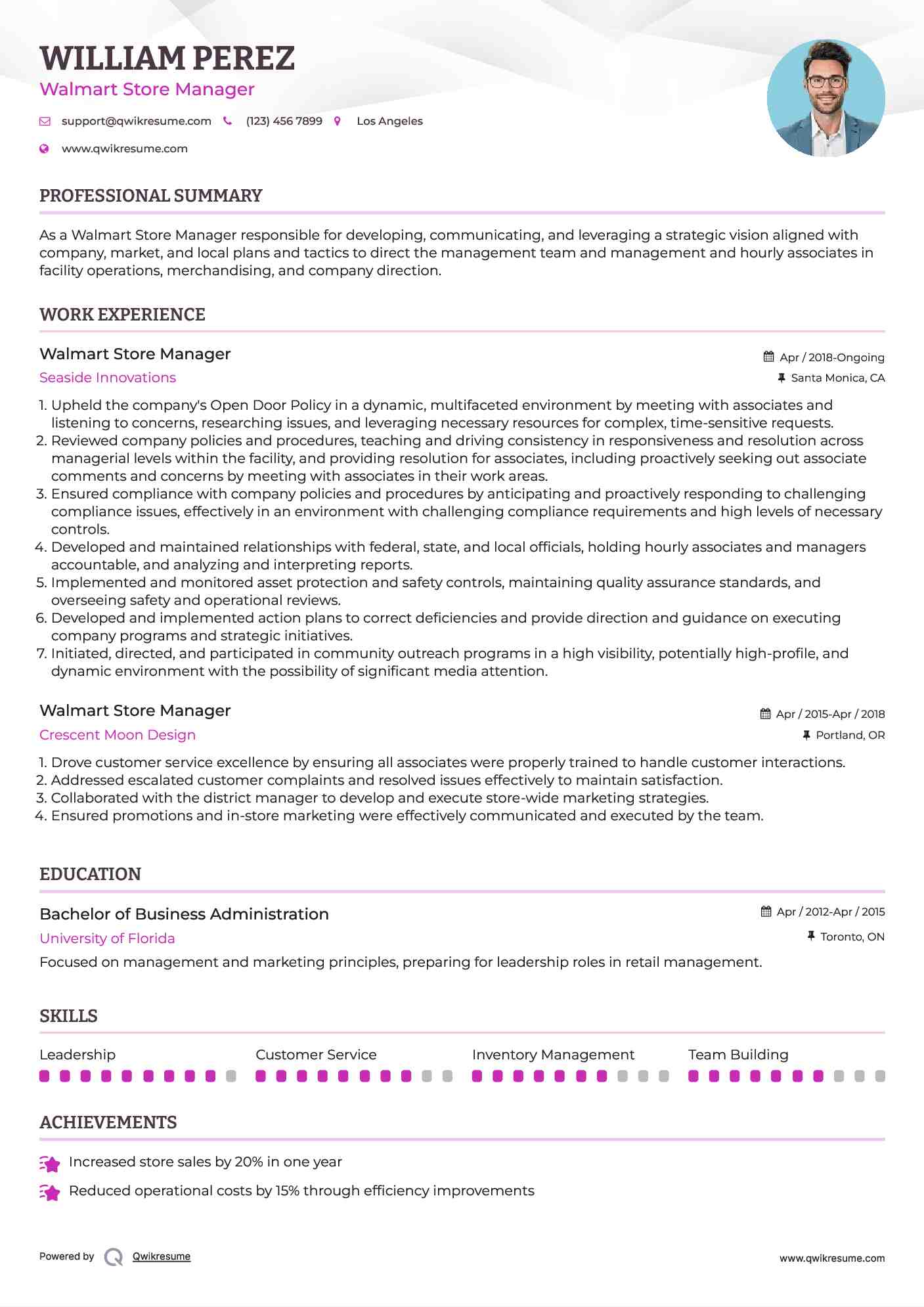 Walmart Store Manager Resume Sample