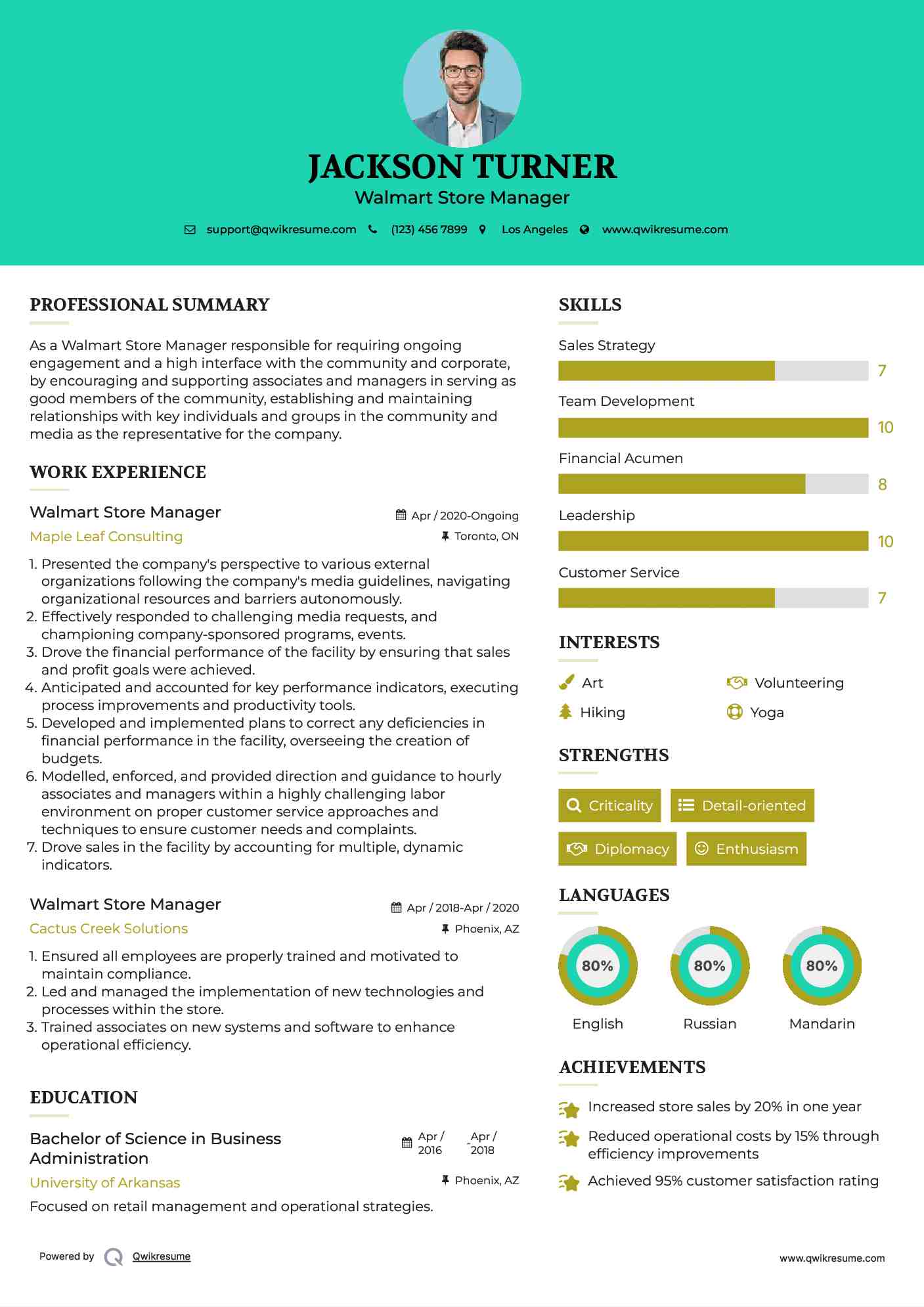 Walmart Store Manager Resume Model