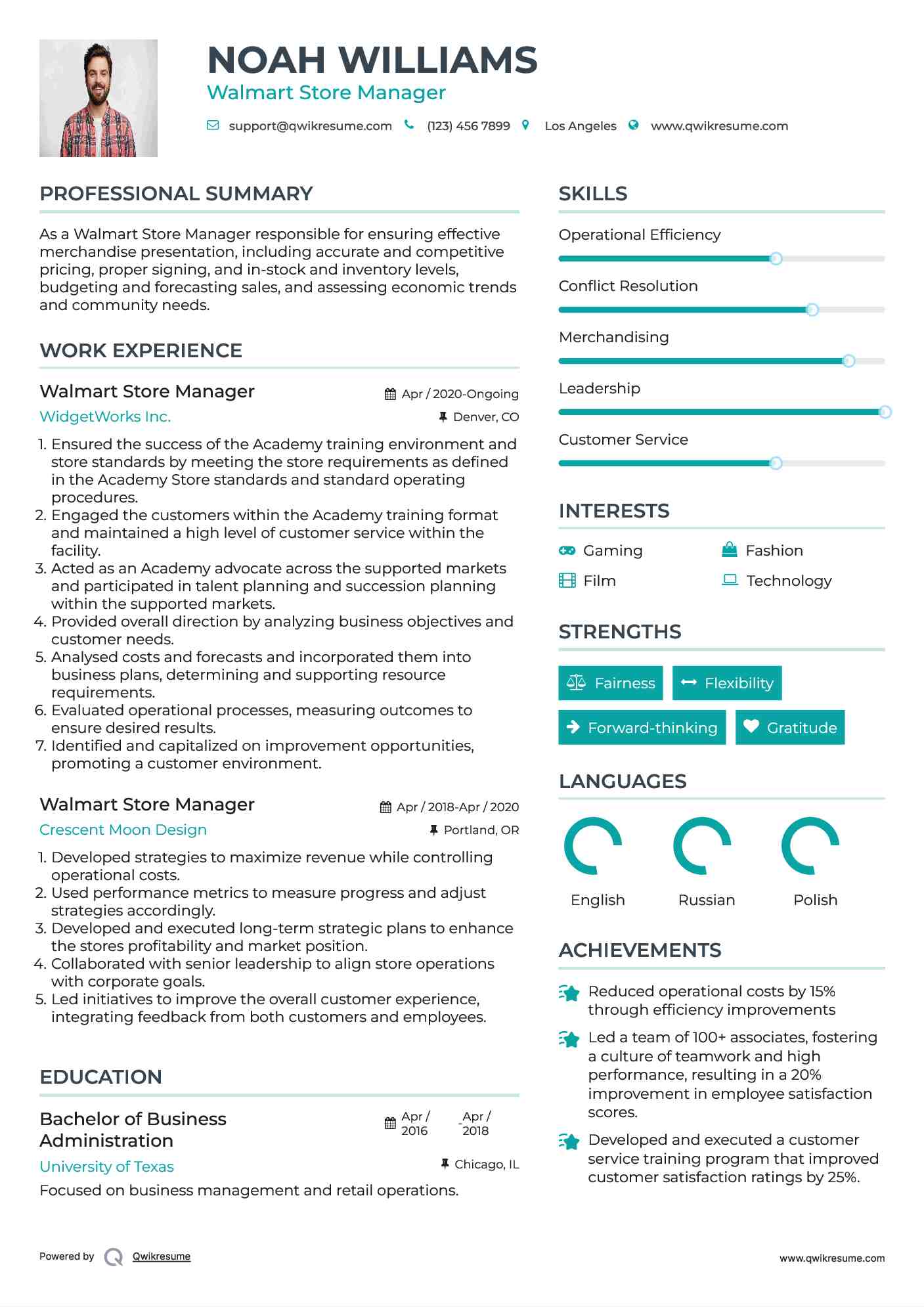 Walmart Store Manager Resume Example