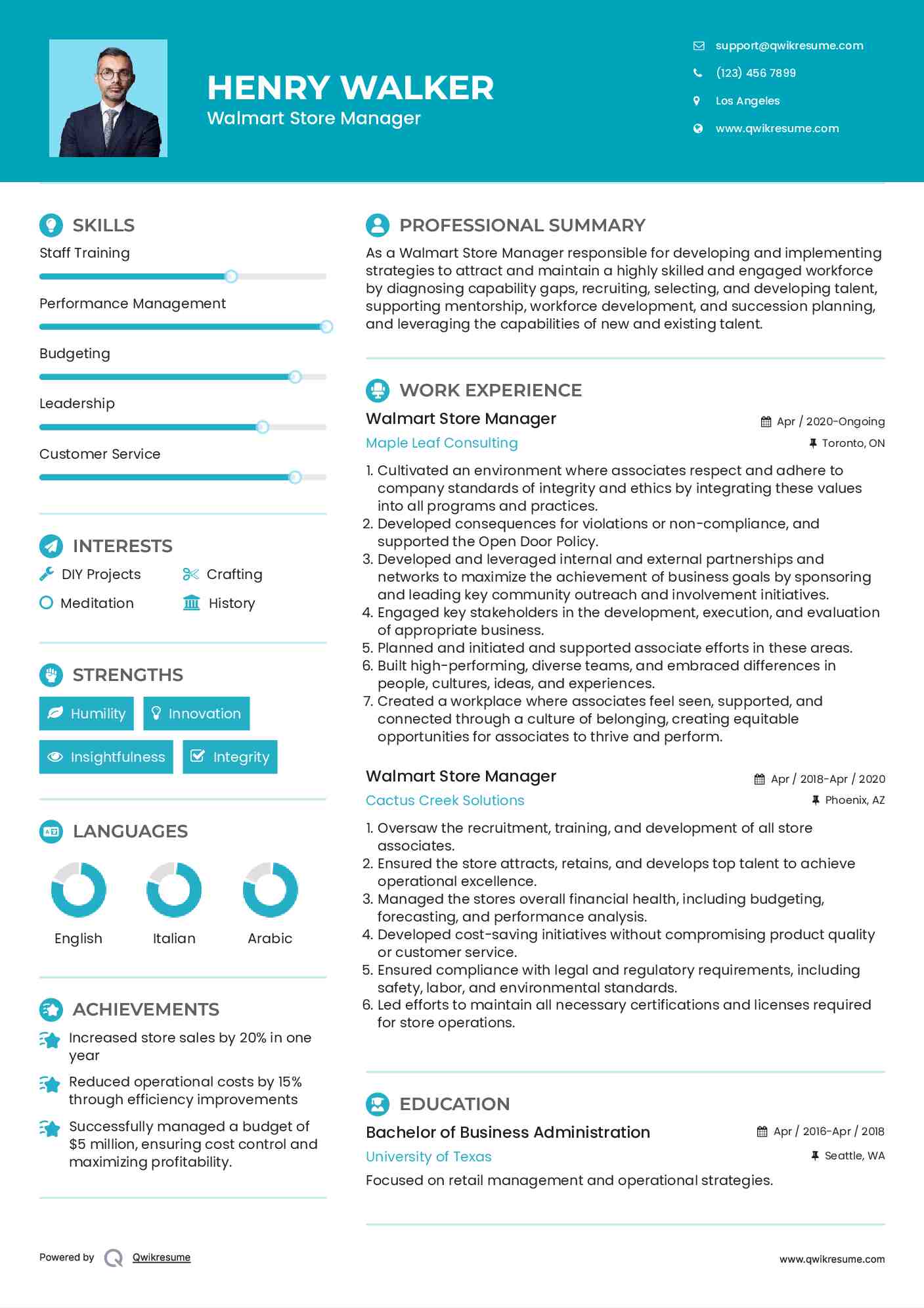 Walmart Store Manager Resume Example