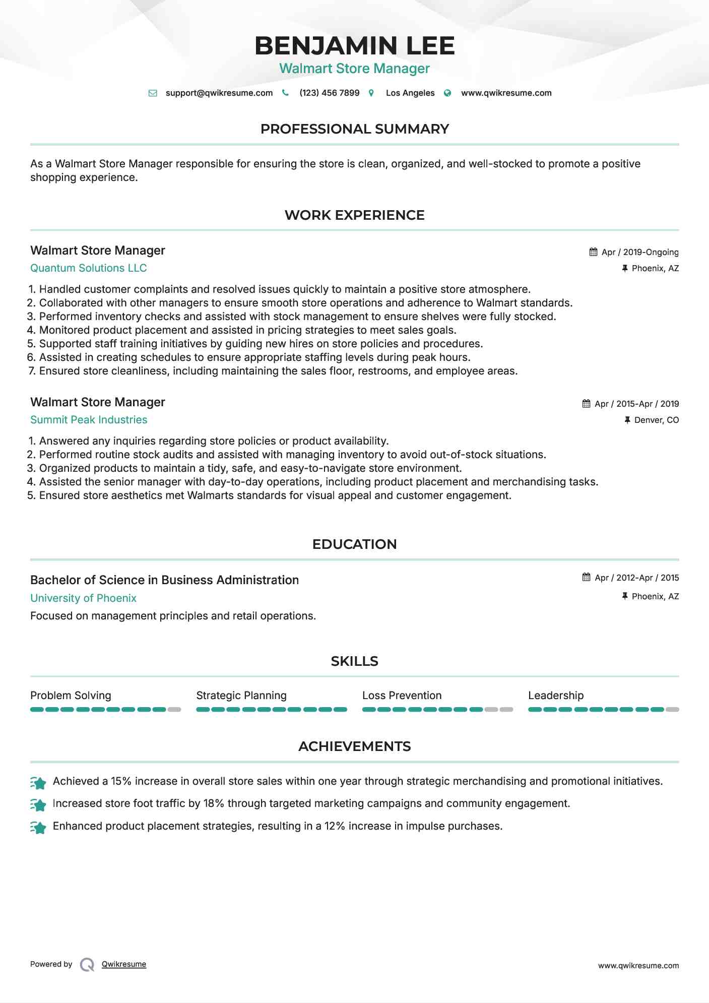 Walmart Store Manager Resume Format