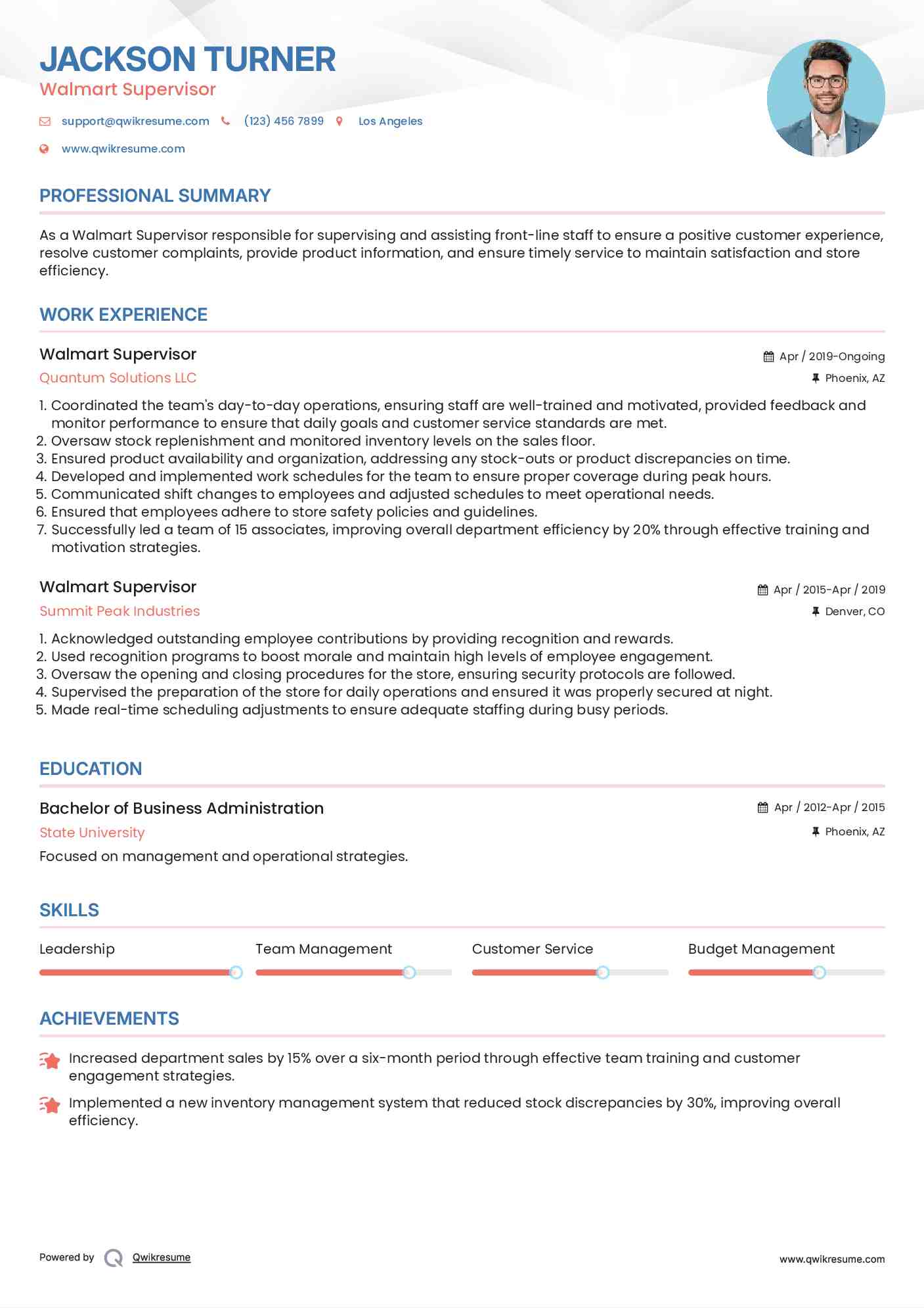 Walmart Supervisor Resume Template