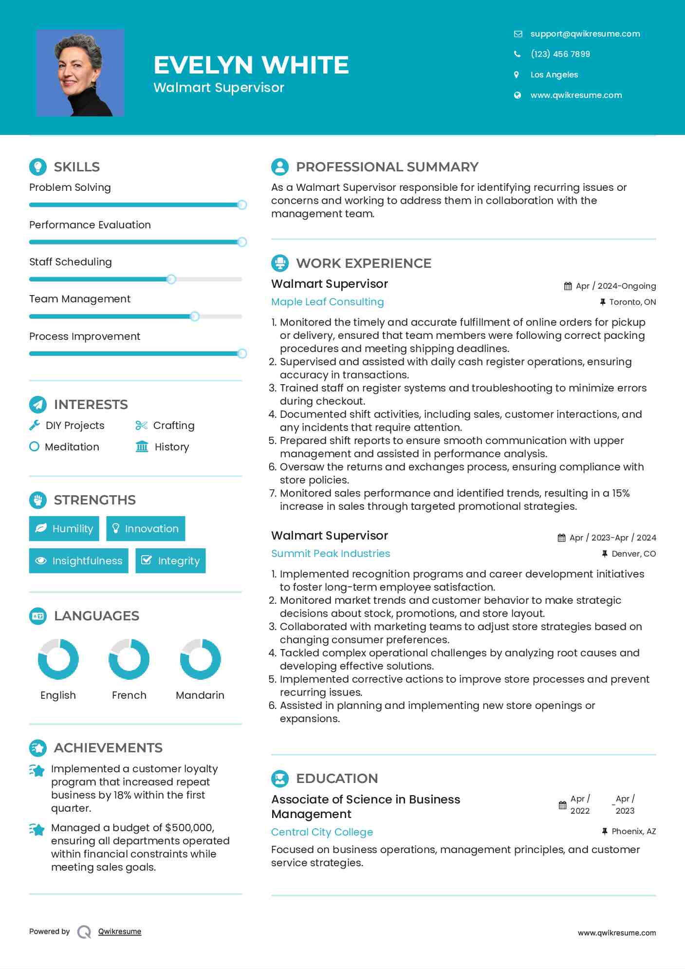 Walmart Supervisor Resume Format