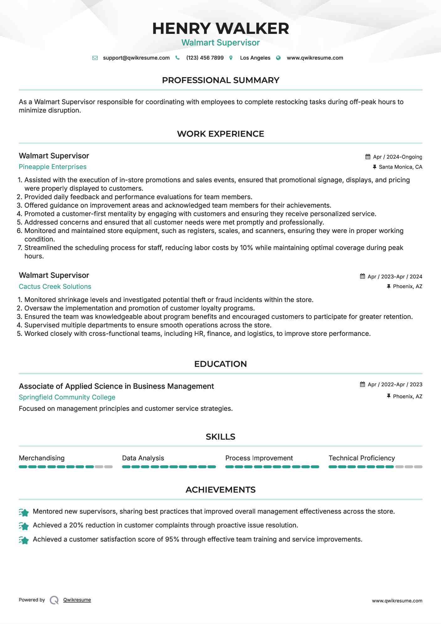 Walmart Supervisor Resume Model