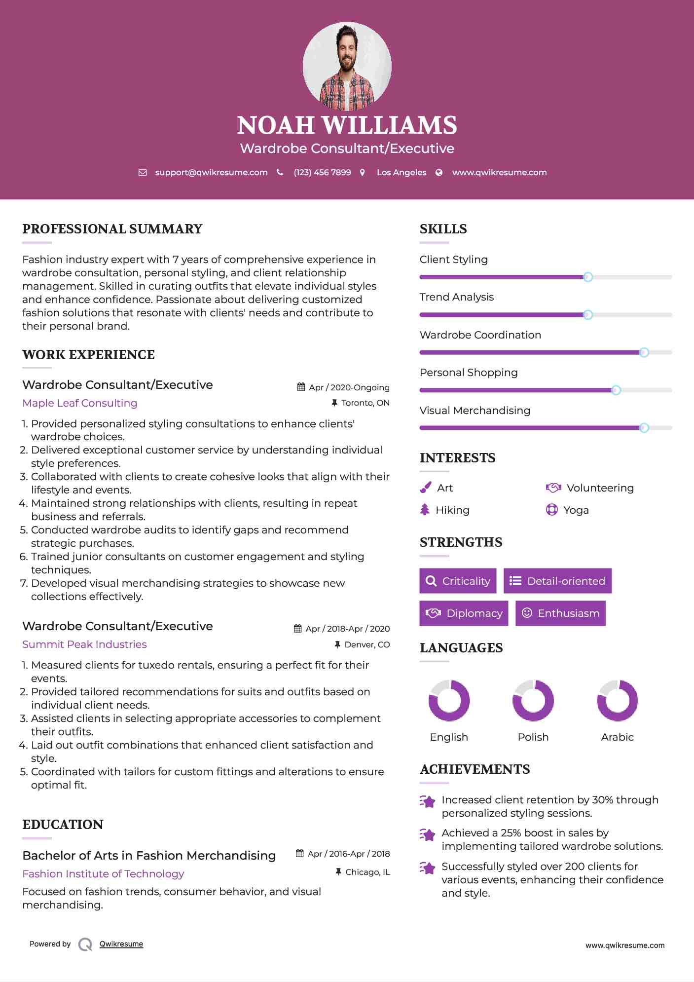 Wardrobe Consultant/Executive Resume Example