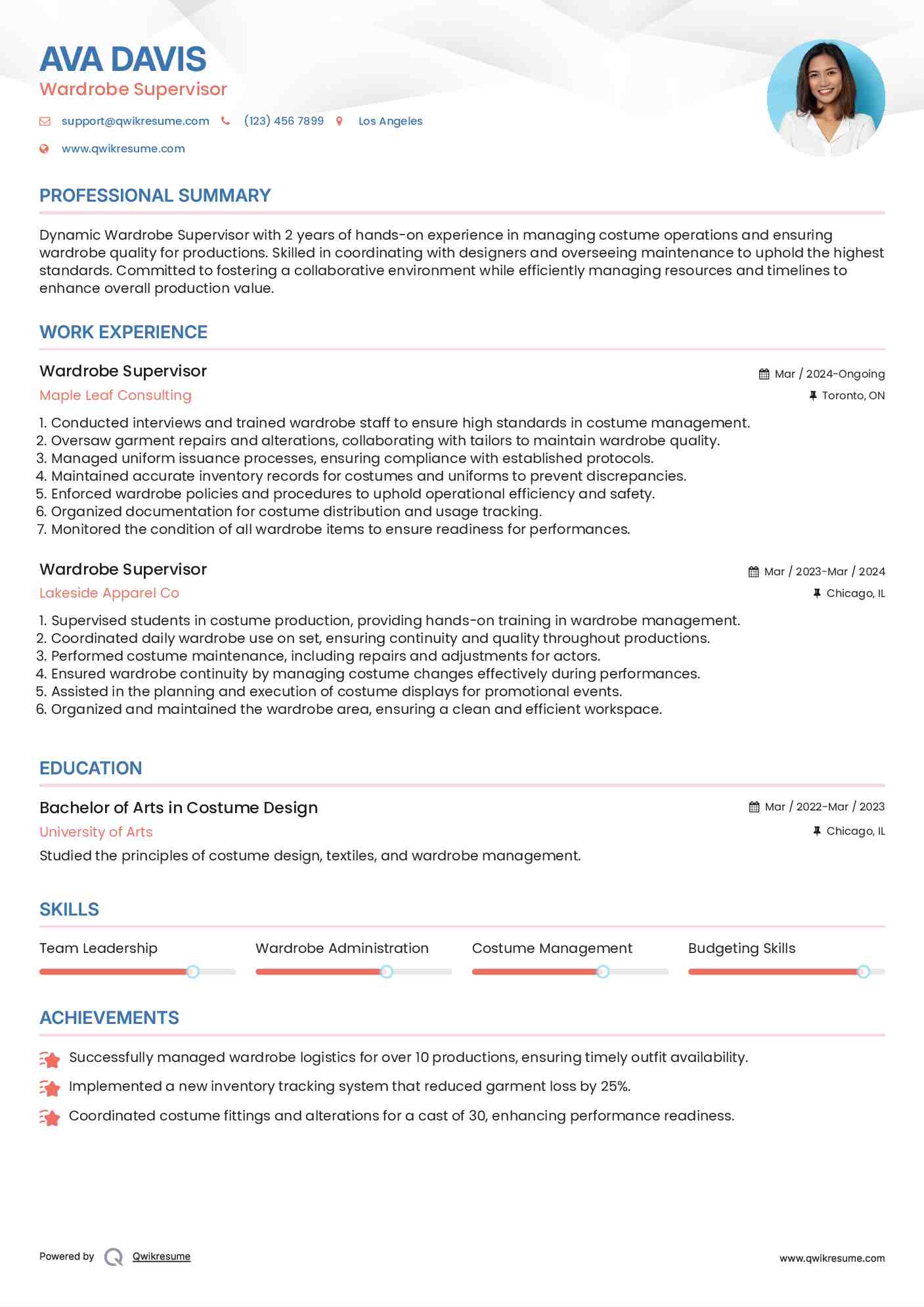 Wardrobe Supervisor Resume Example