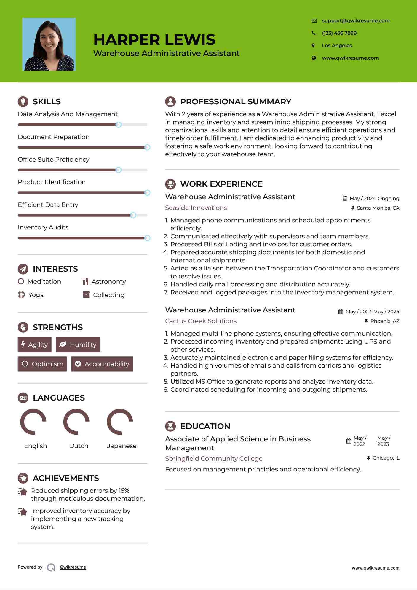 Warehouse Administrative Assistant Resume Sample