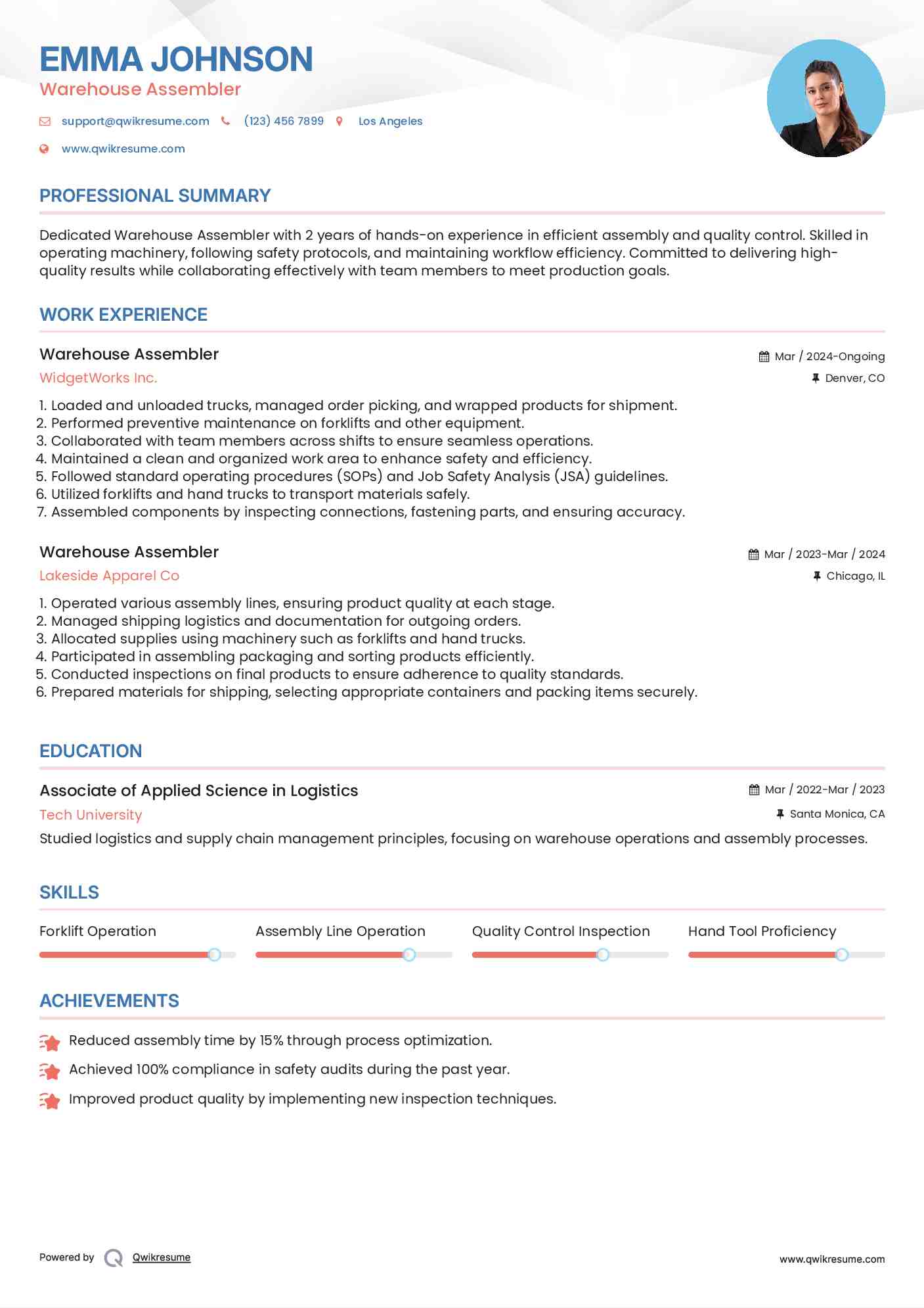 Warehouse Assembler Resume Template