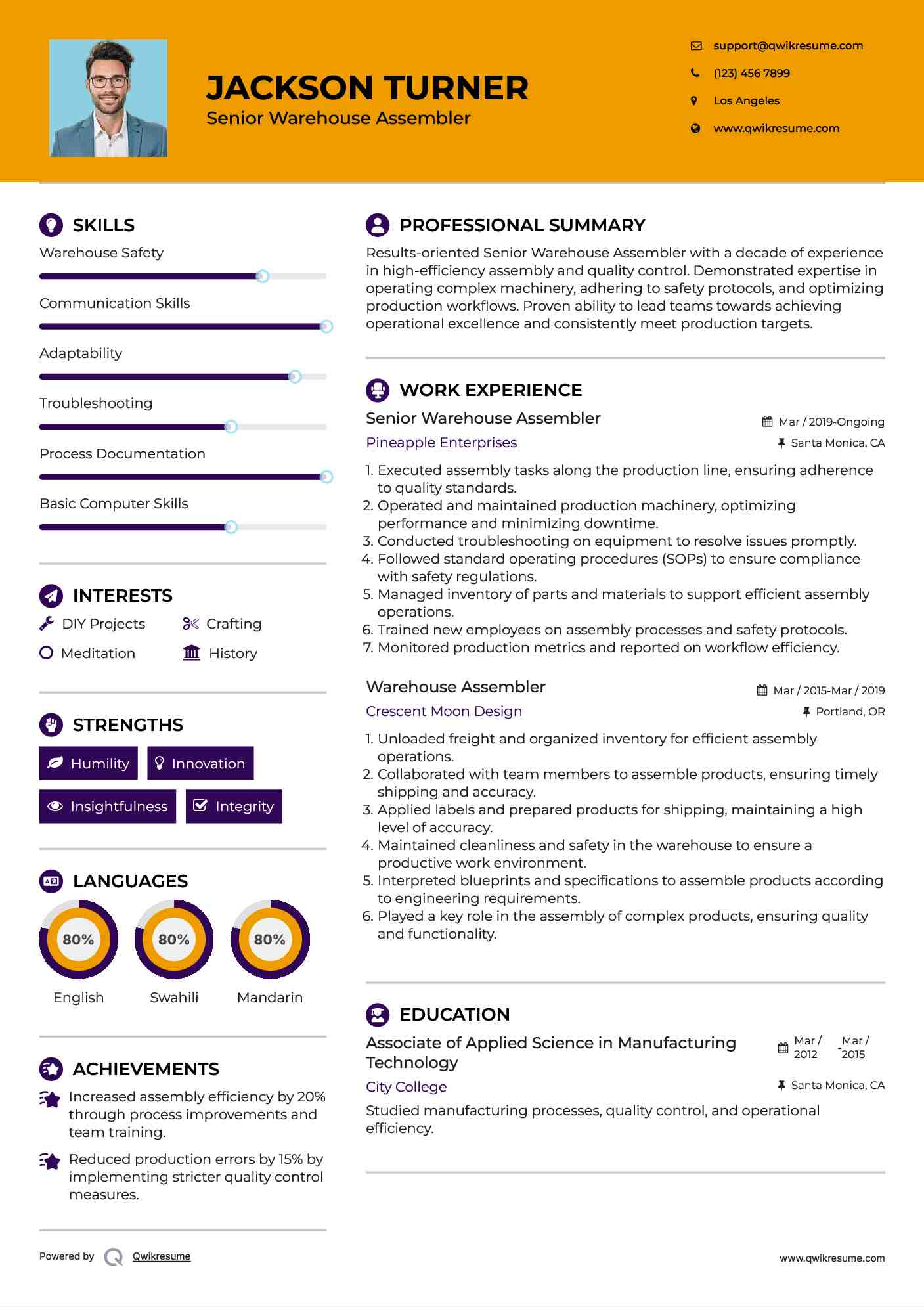 Senior Warehouse Assembler Resume Model