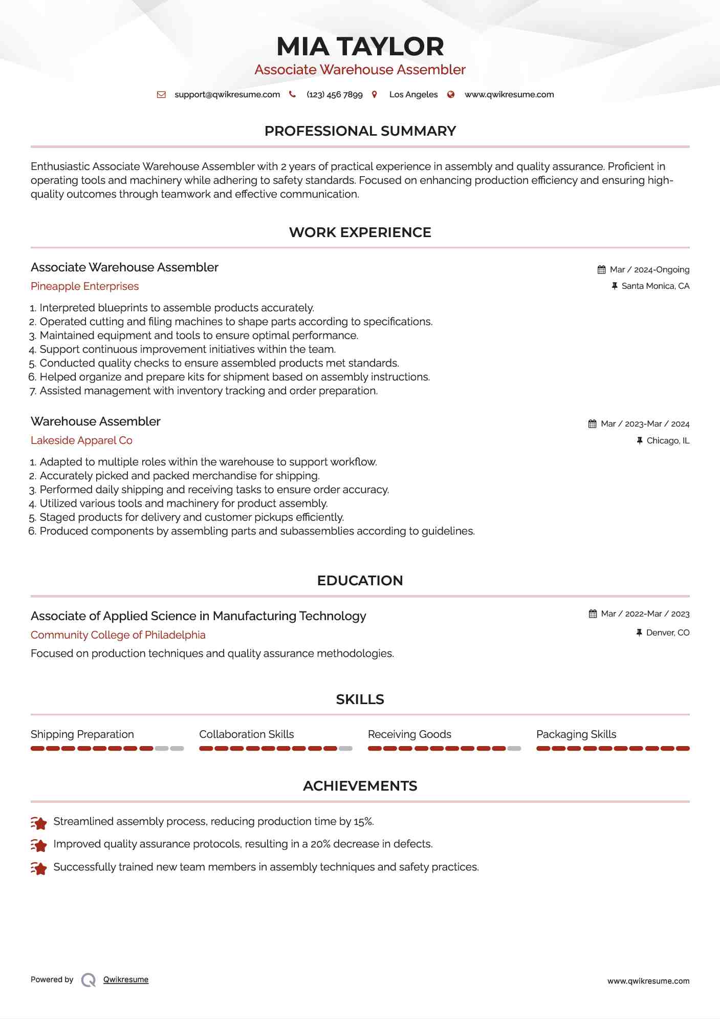 Associate Warehouse Assembler Resume Format