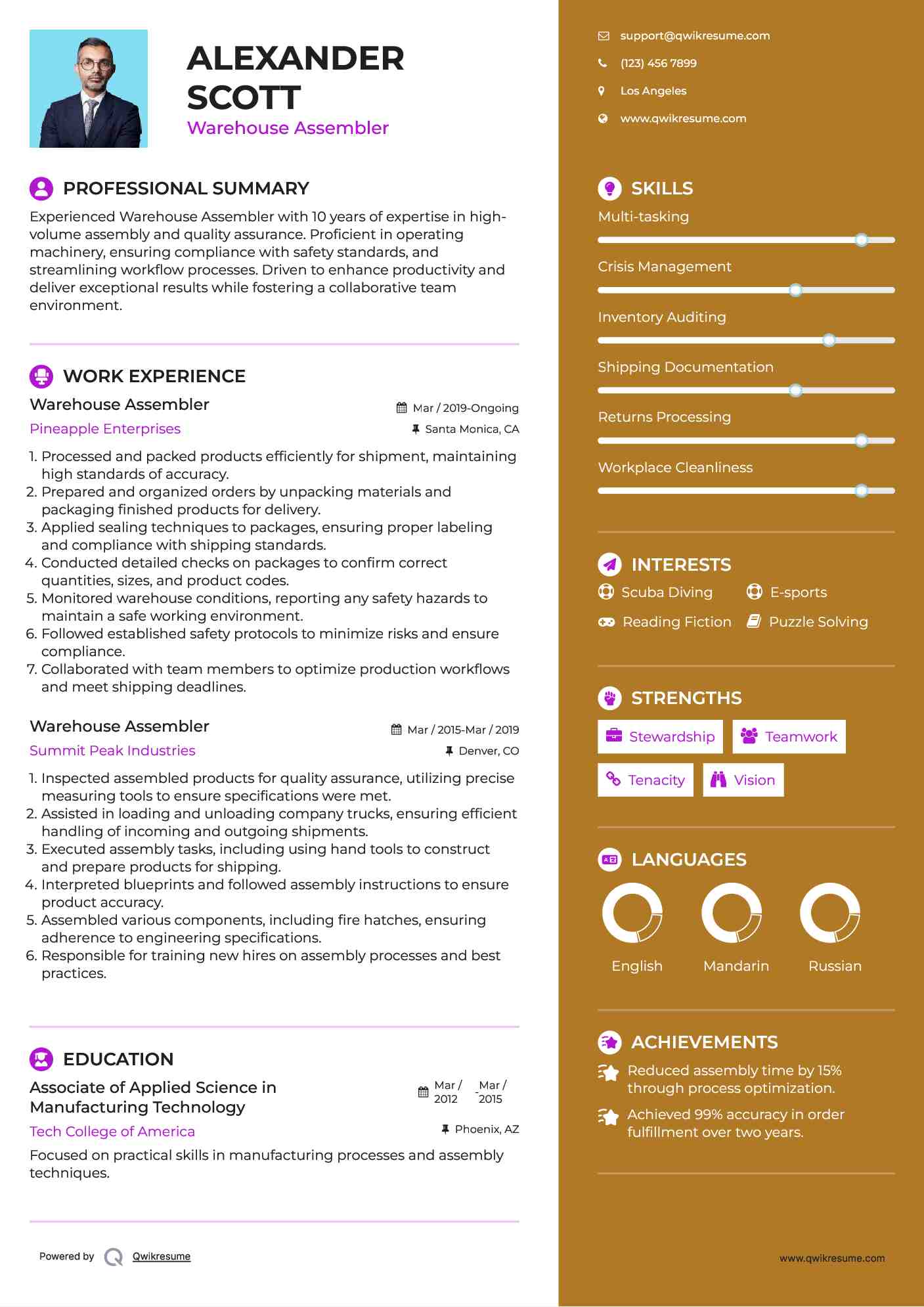 Warehouse Assembler Resume Example