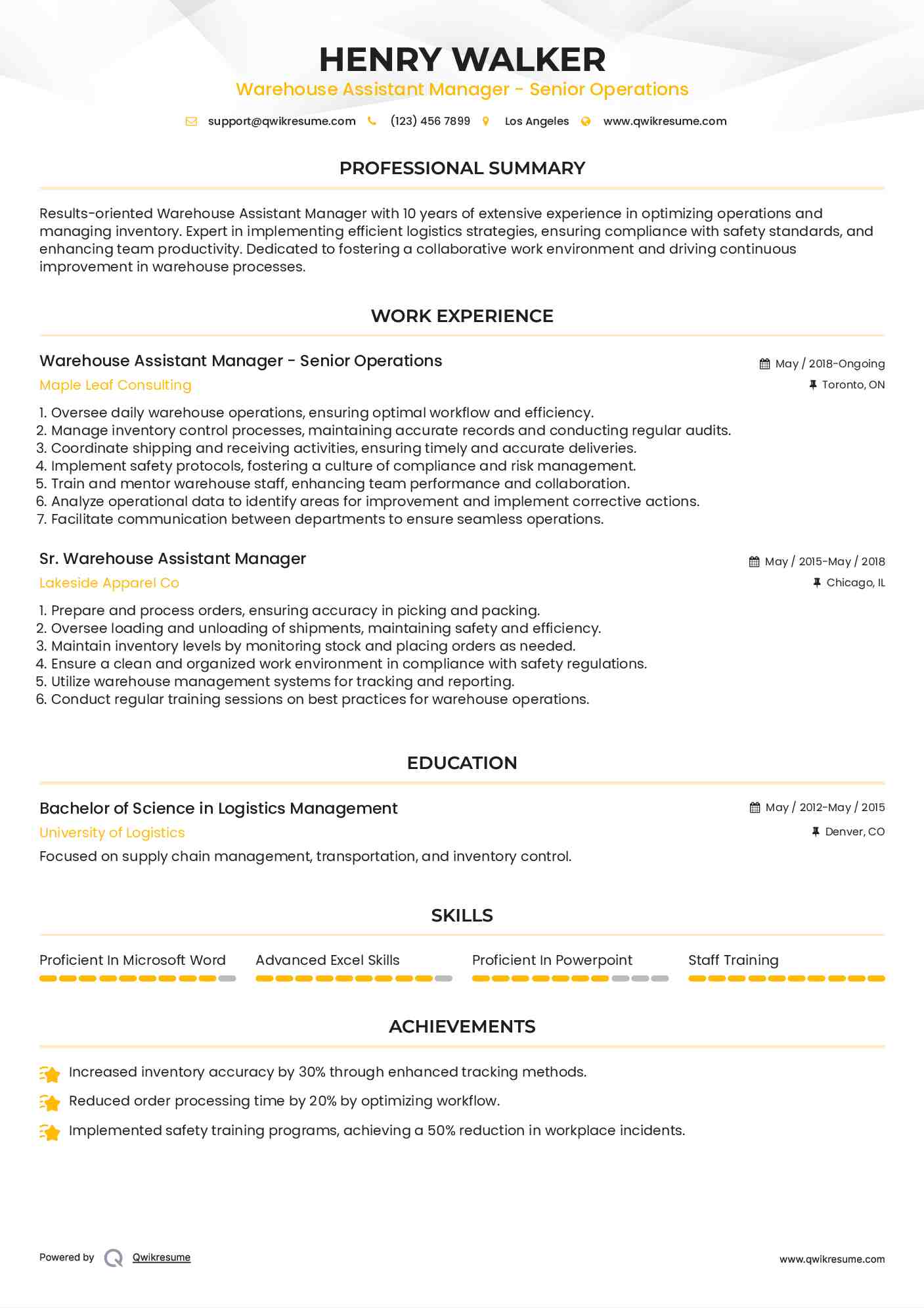 Warehouse Assistant Manager - Senior Operations Resume Sample