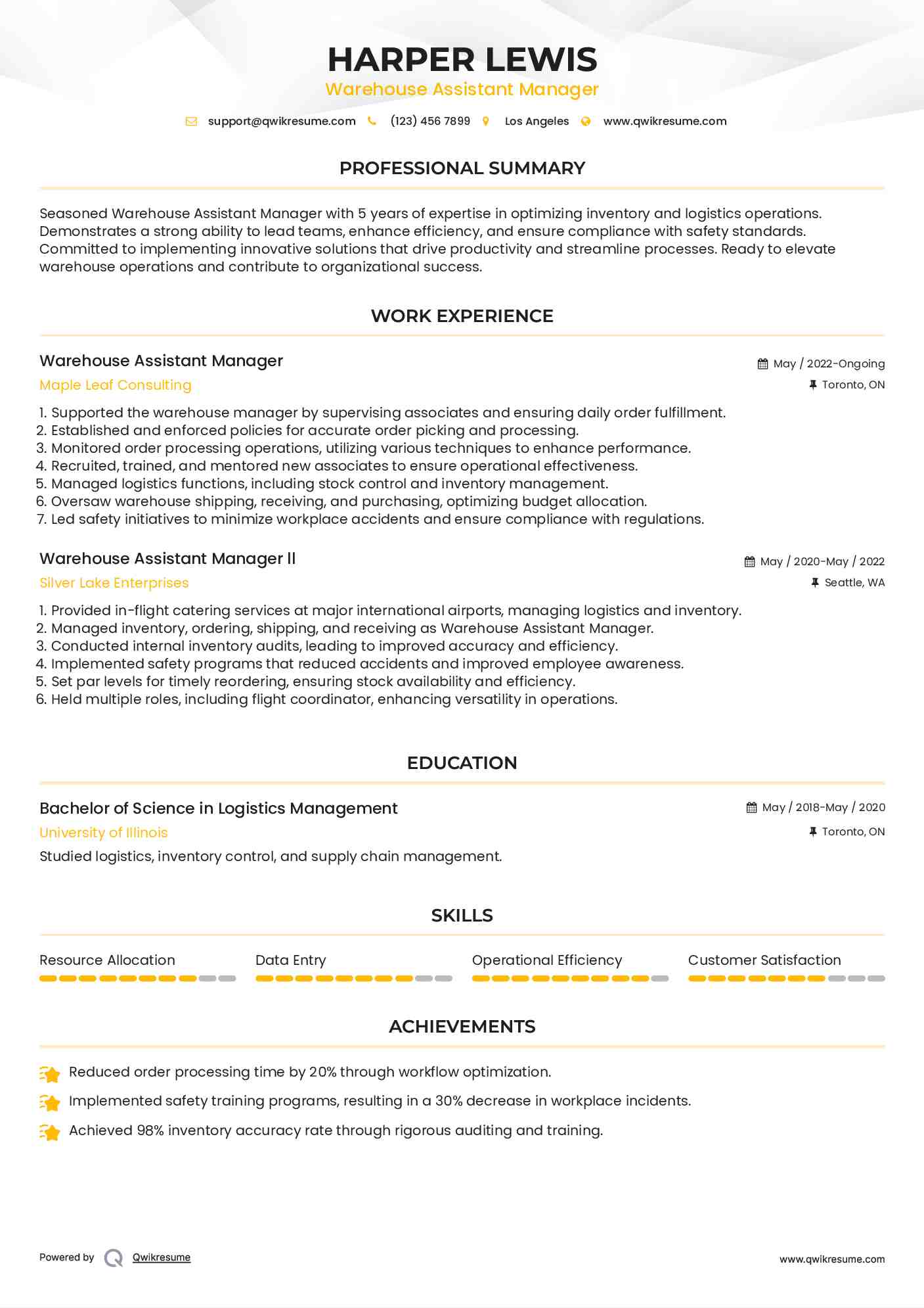Warehouse Assistant Manager Resume Model
