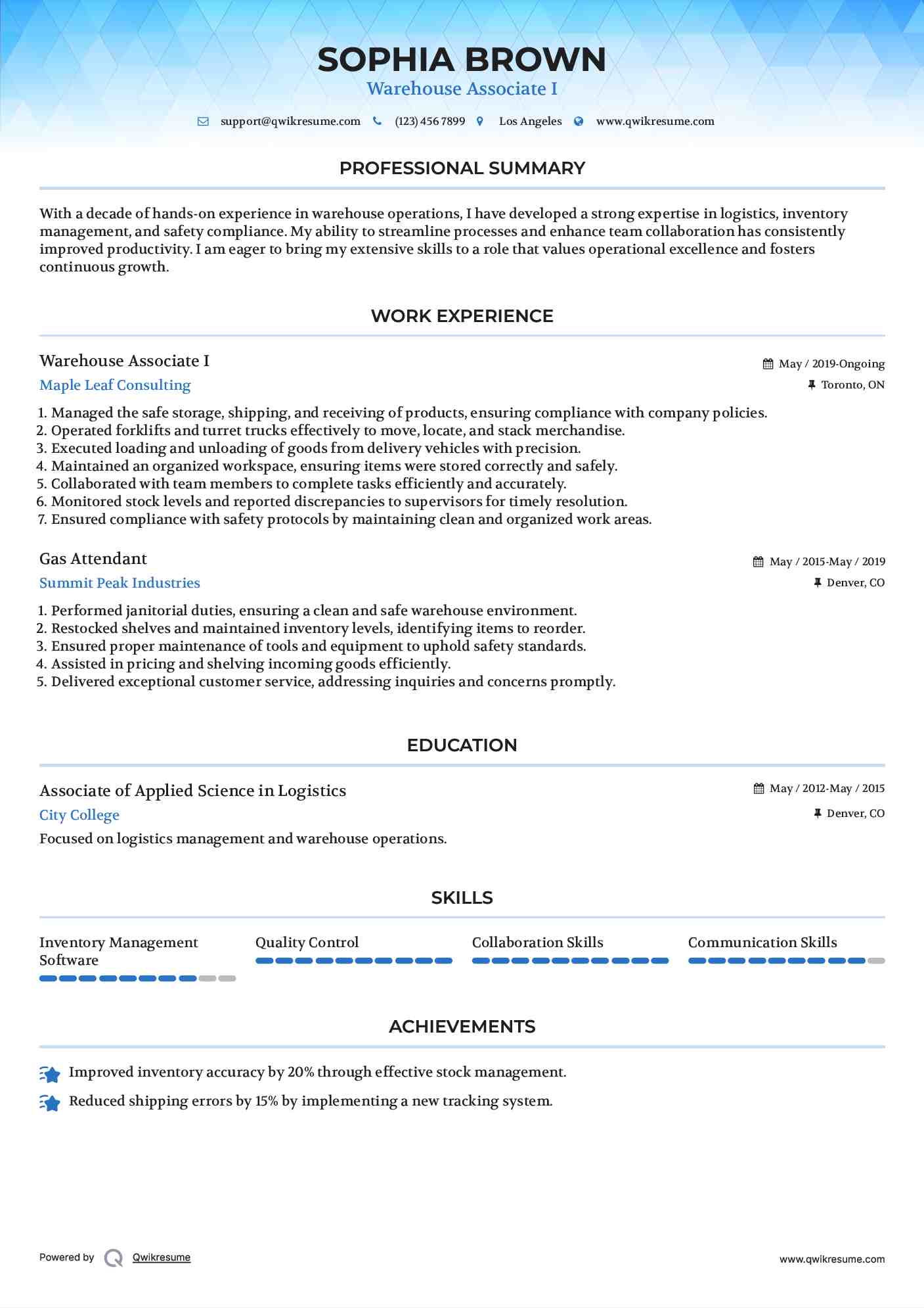 Warehouse Associate I Resume Example