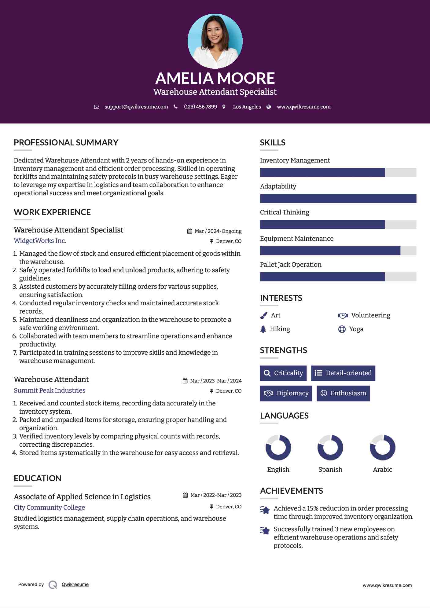 Warehouse Attendant Specialist Resume Sample