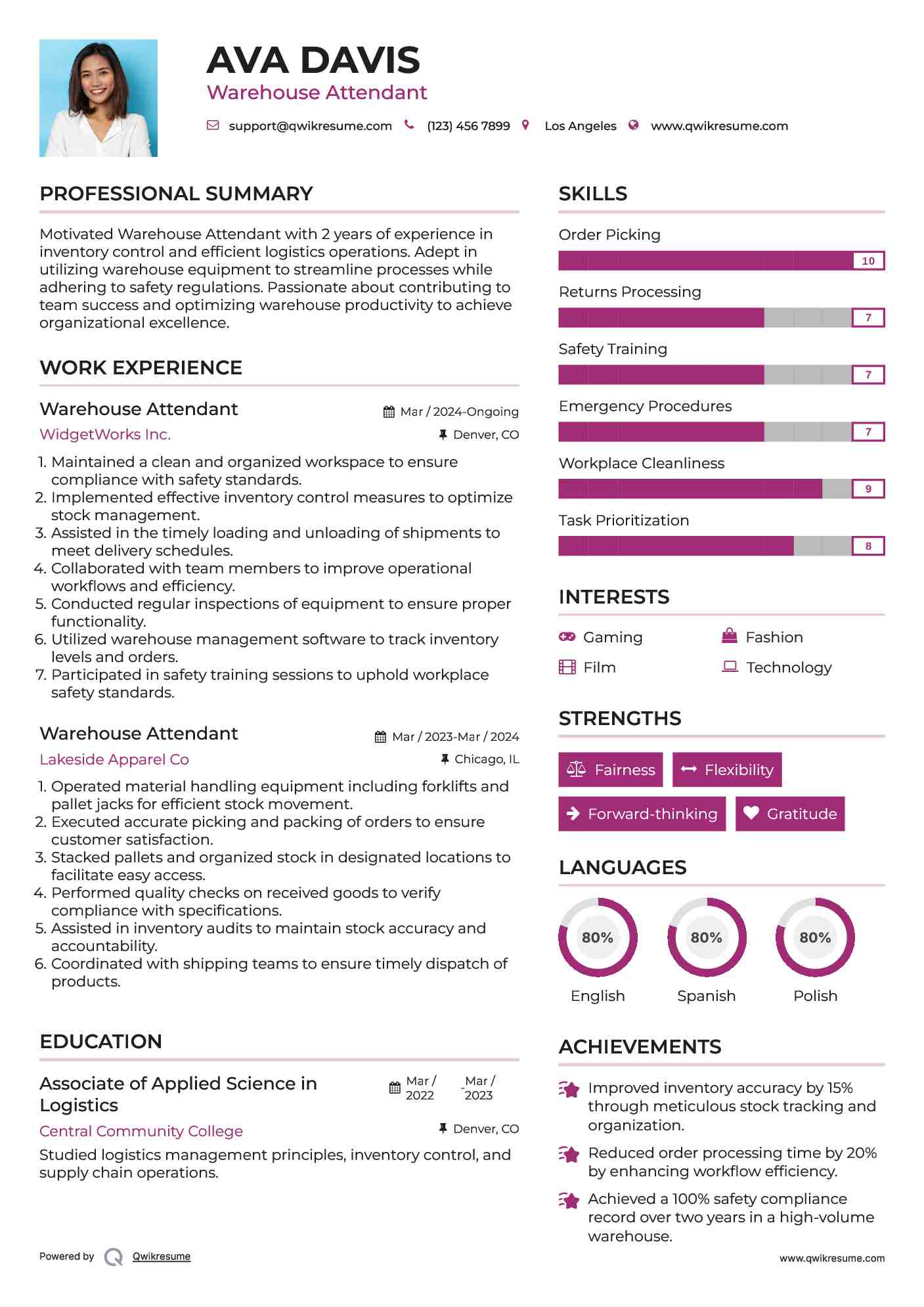 Warehouse Attendant Resume Sample