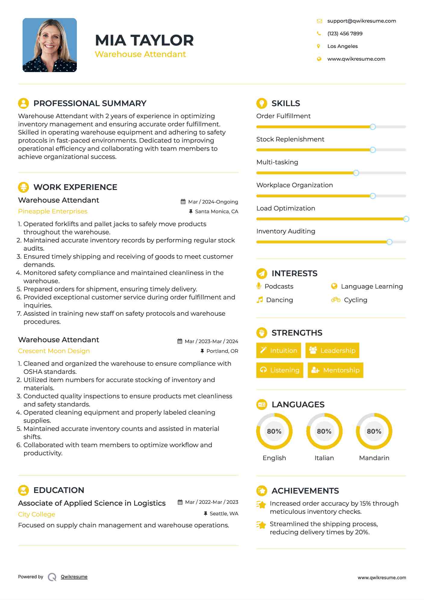Warehouse Attendant Resume Model