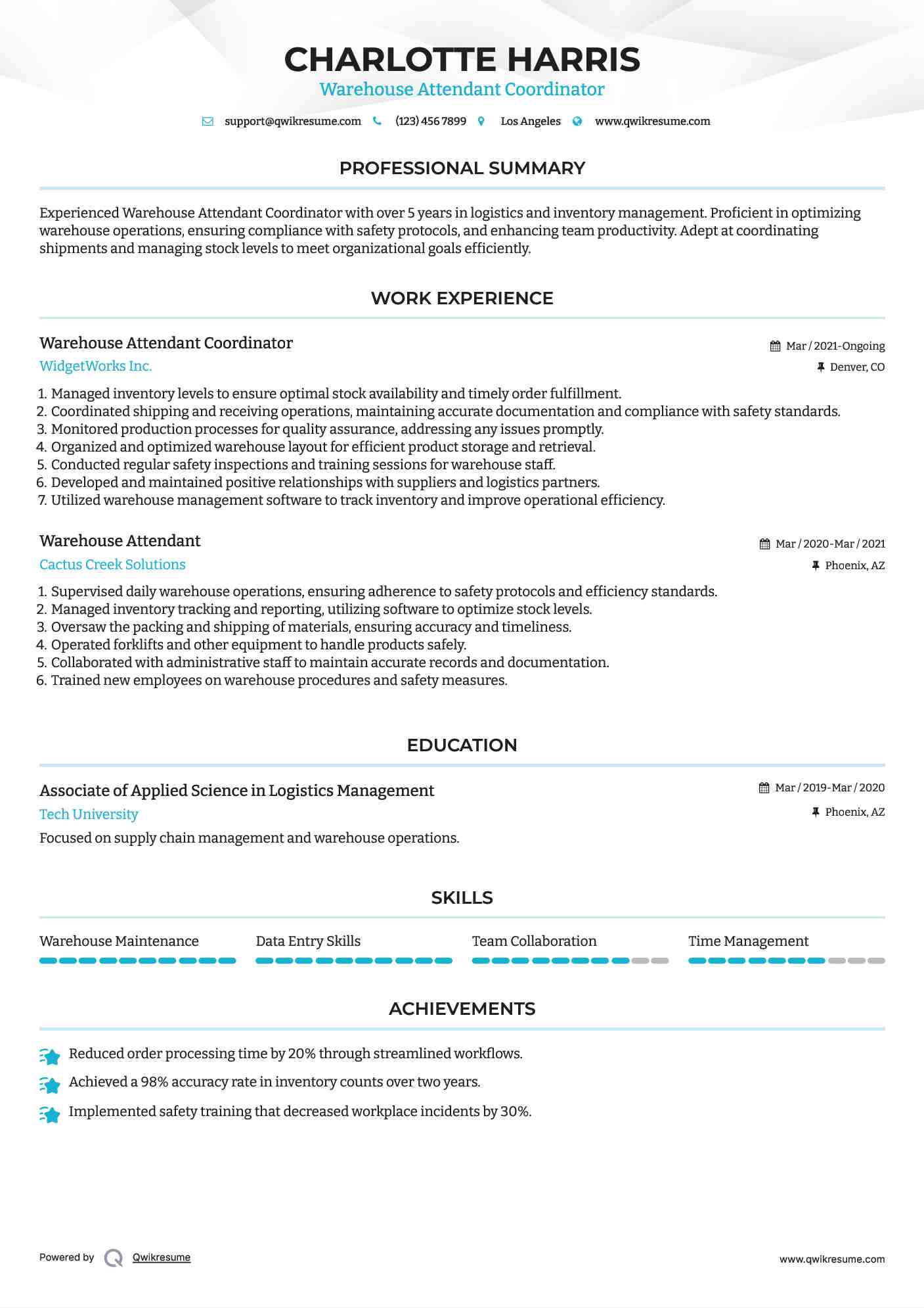 Warehouse Attendant Coordinator Resume Template