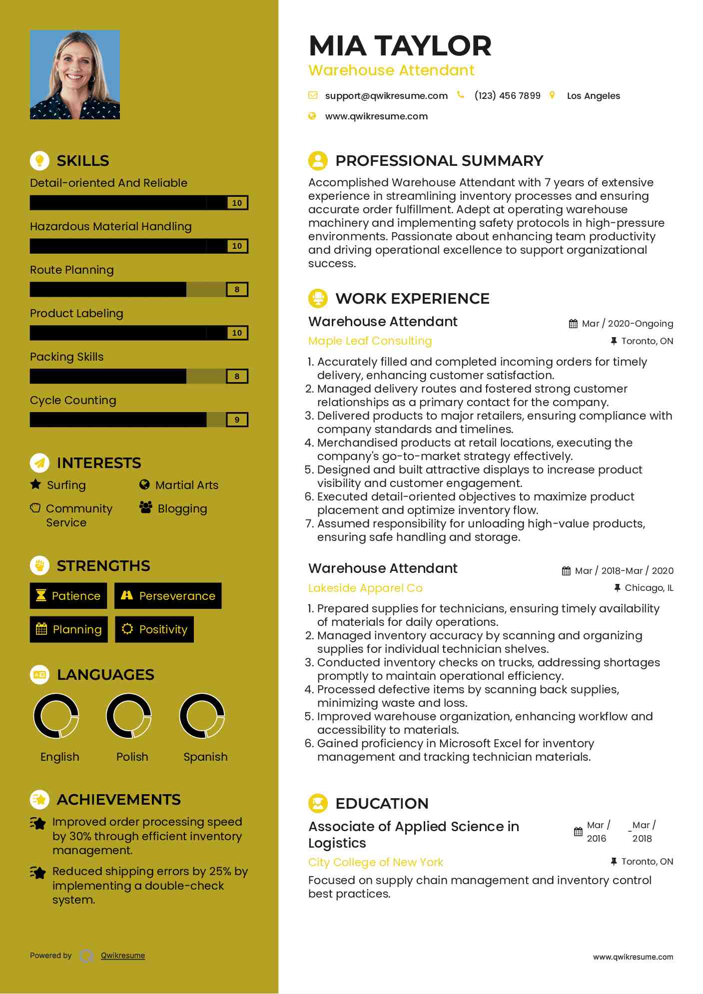 Warehouse Attendant Resume Sample