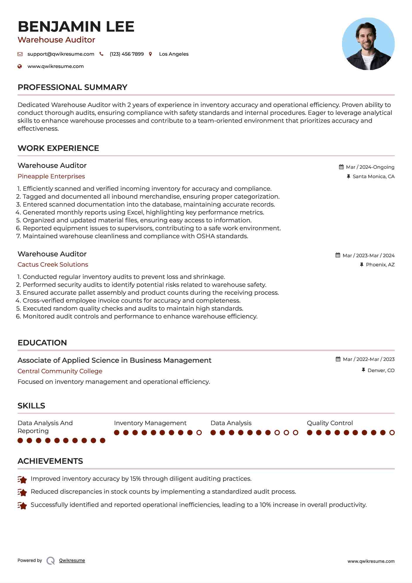 Warehouse Auditor Resume Format