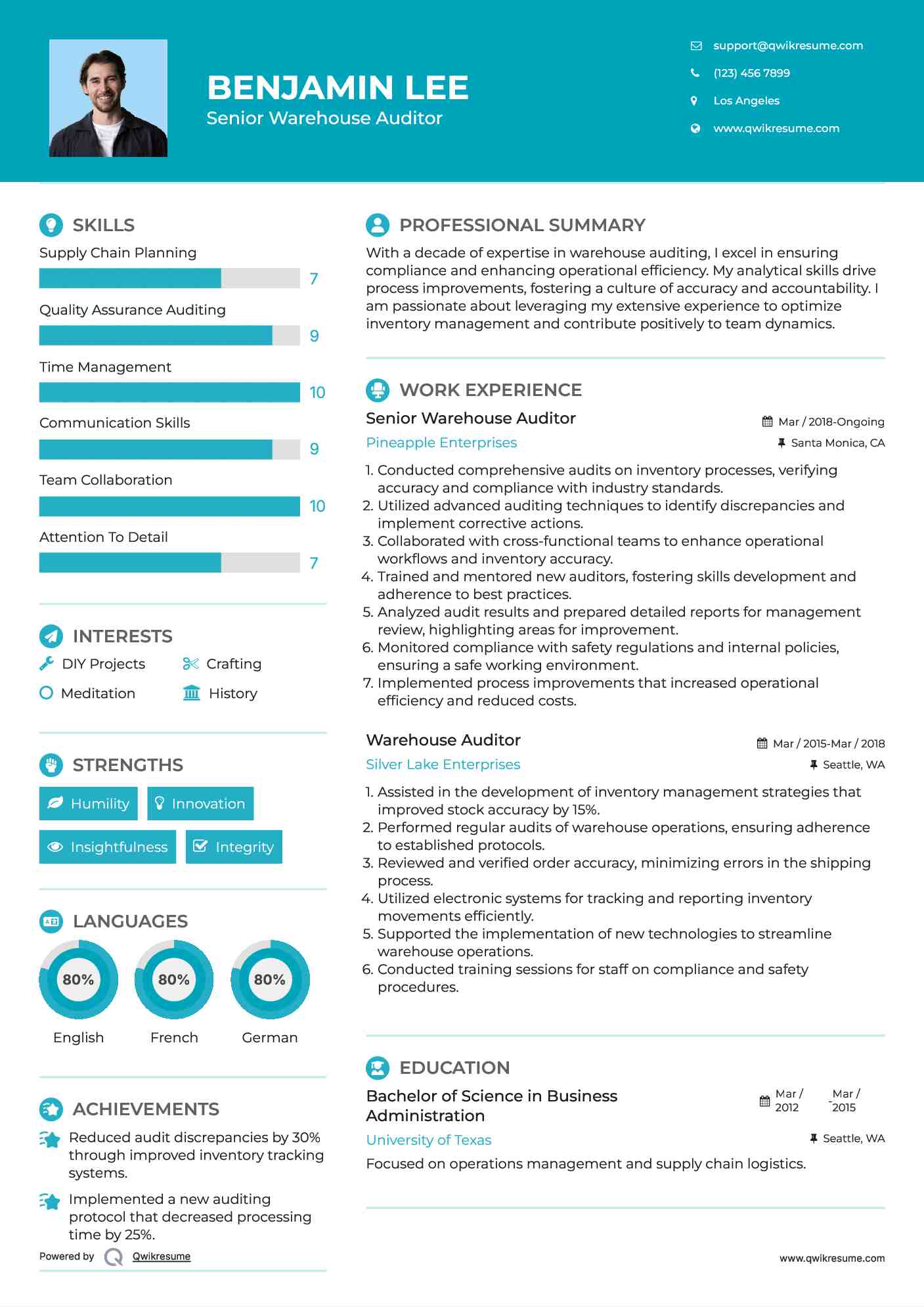 Senior Warehouse Auditor Resume Sample
