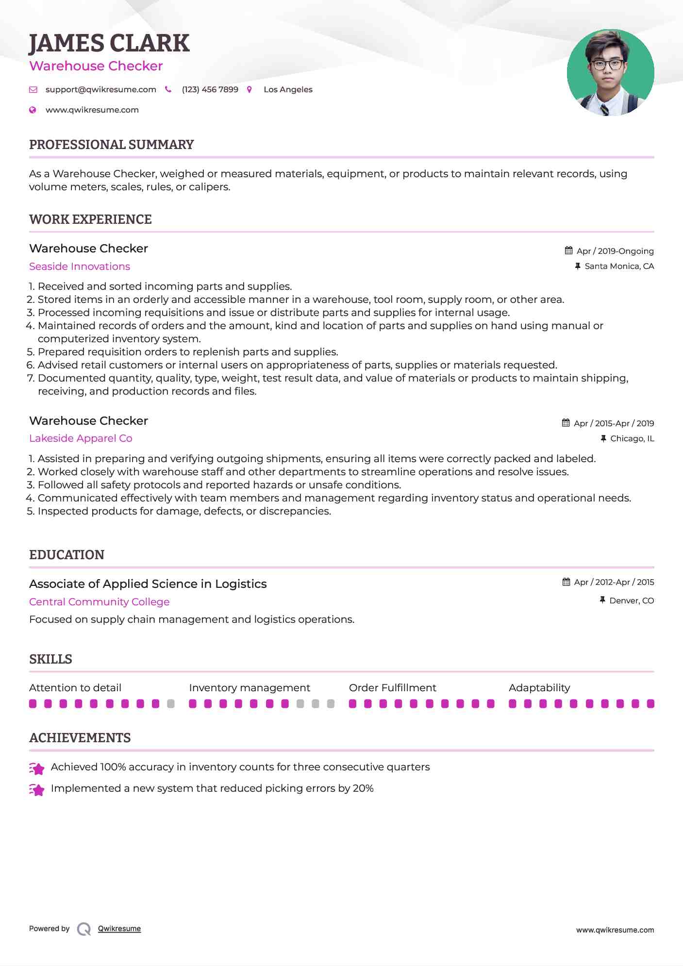 Warehouse Checker Resume Sample