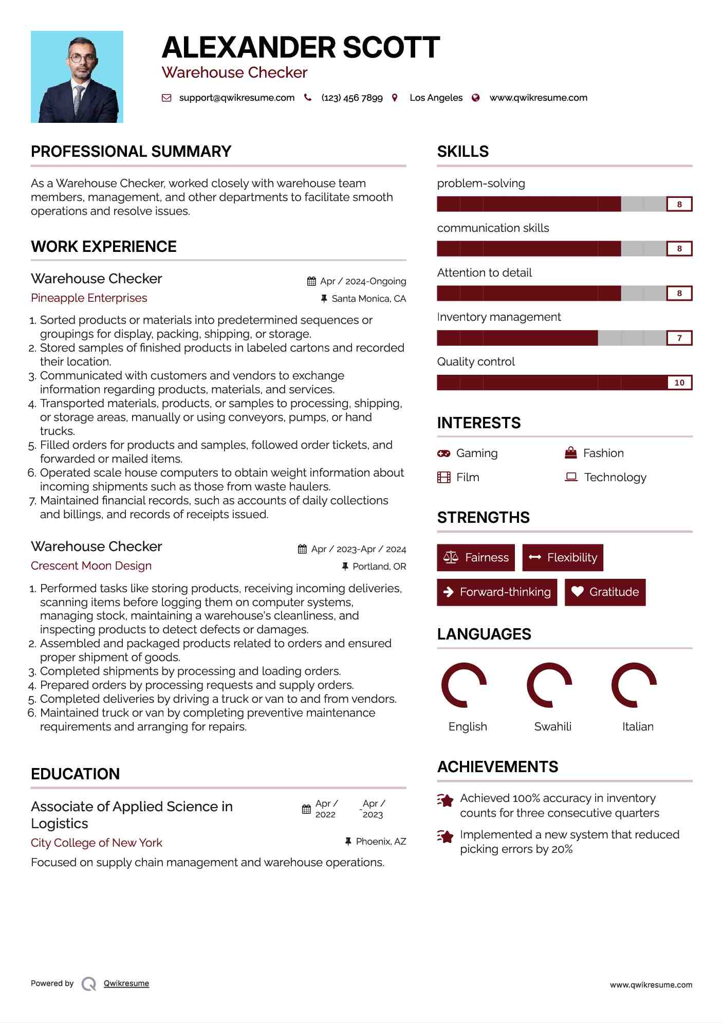 Warehouse Checker Resume Format