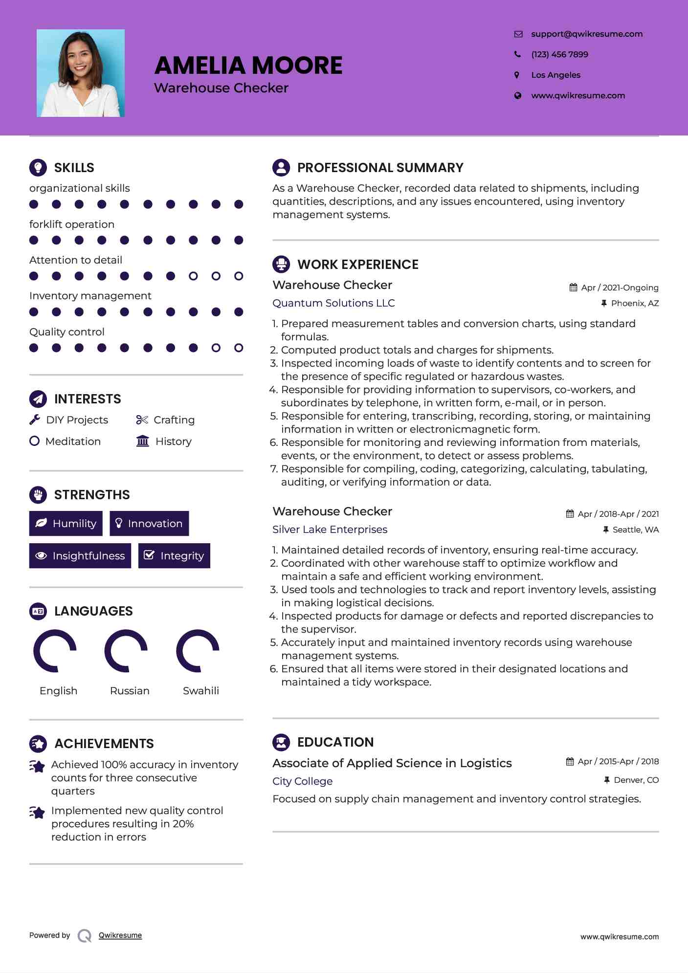 Warehouse Checker Resume Example