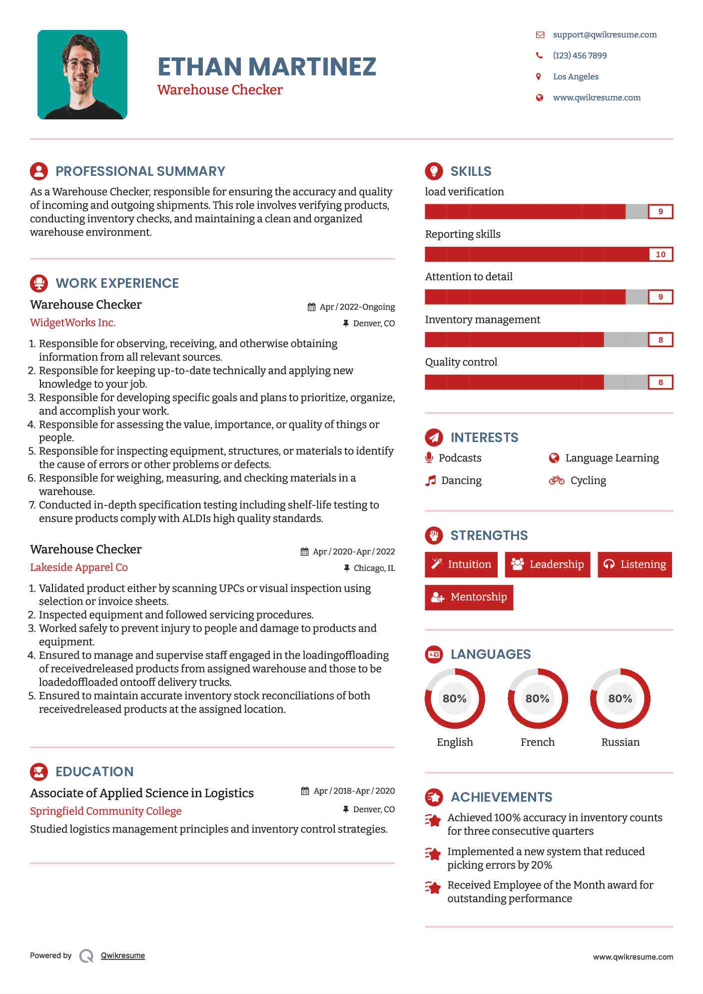Warehouse Checker Resume Example