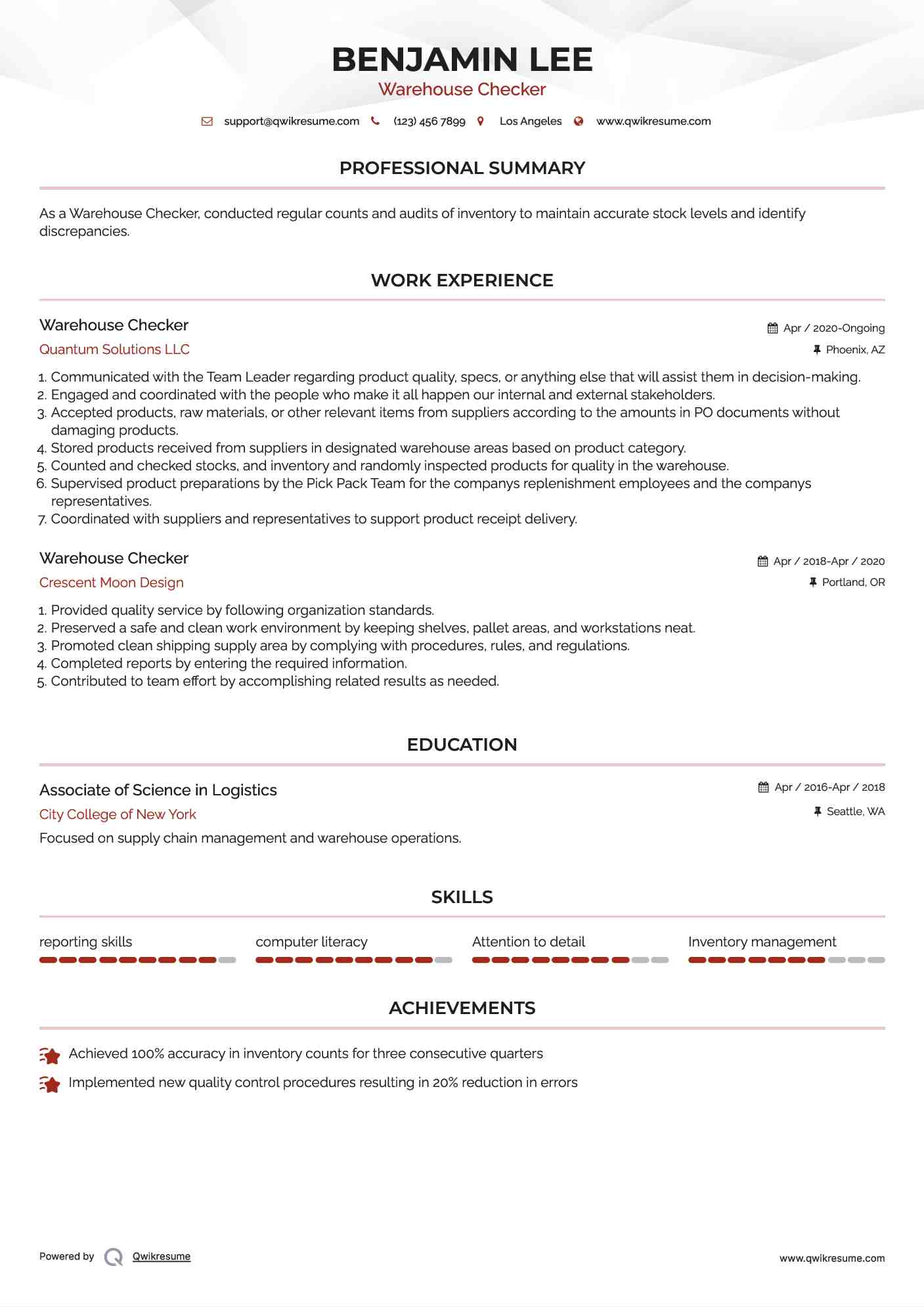 Warehouse Checker Resume Model