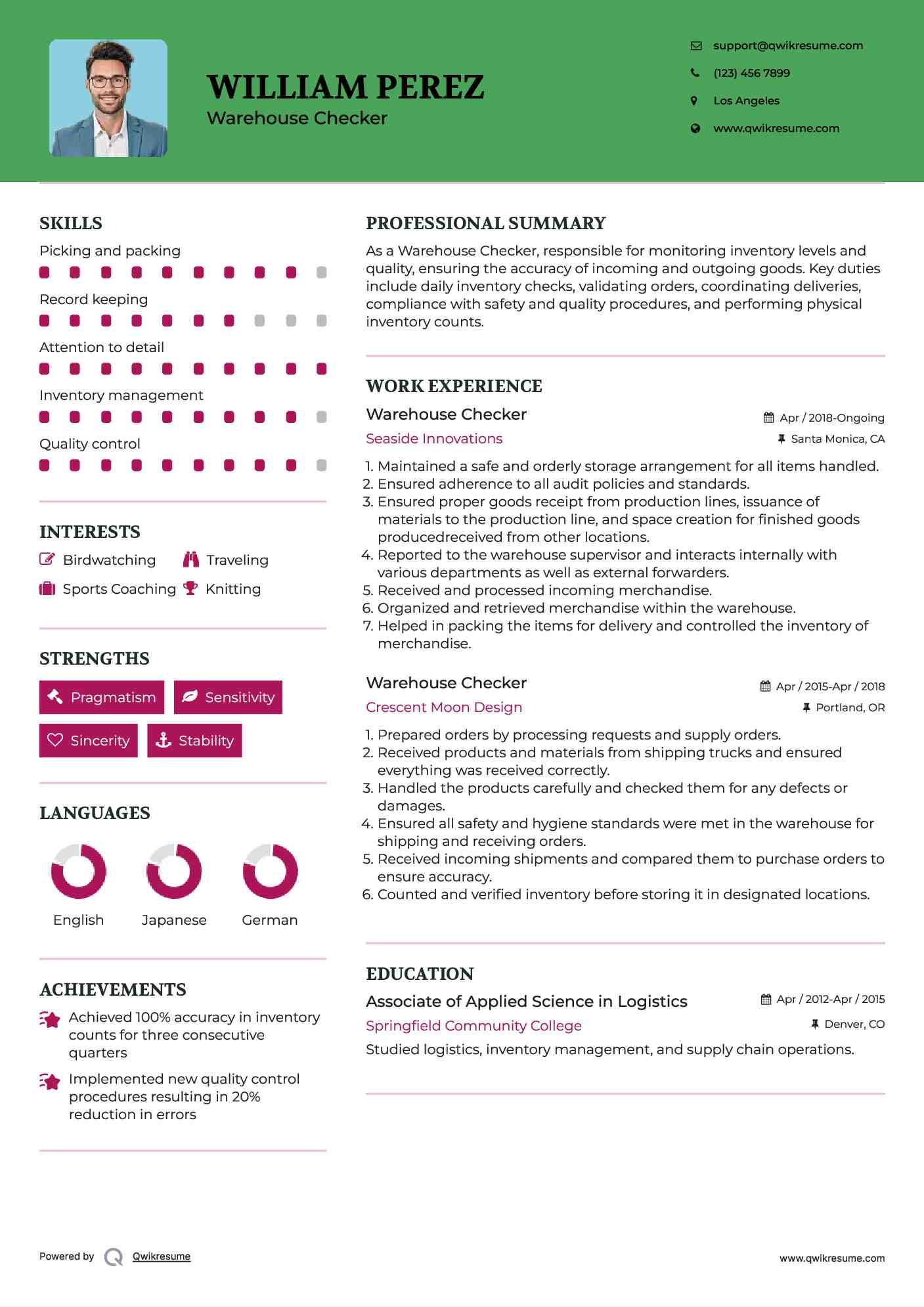 Warehouse Checker Resume Template