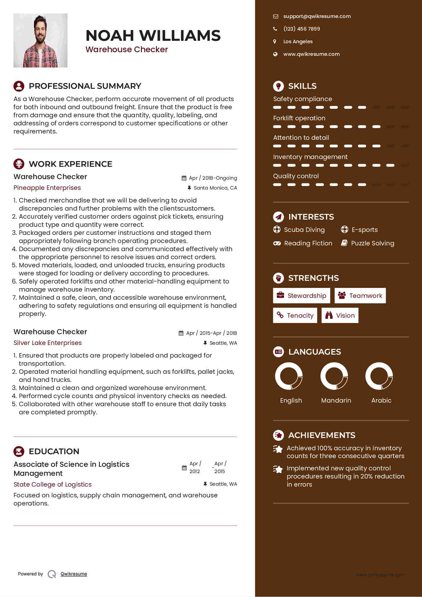 Warehouse Checker Resume Model