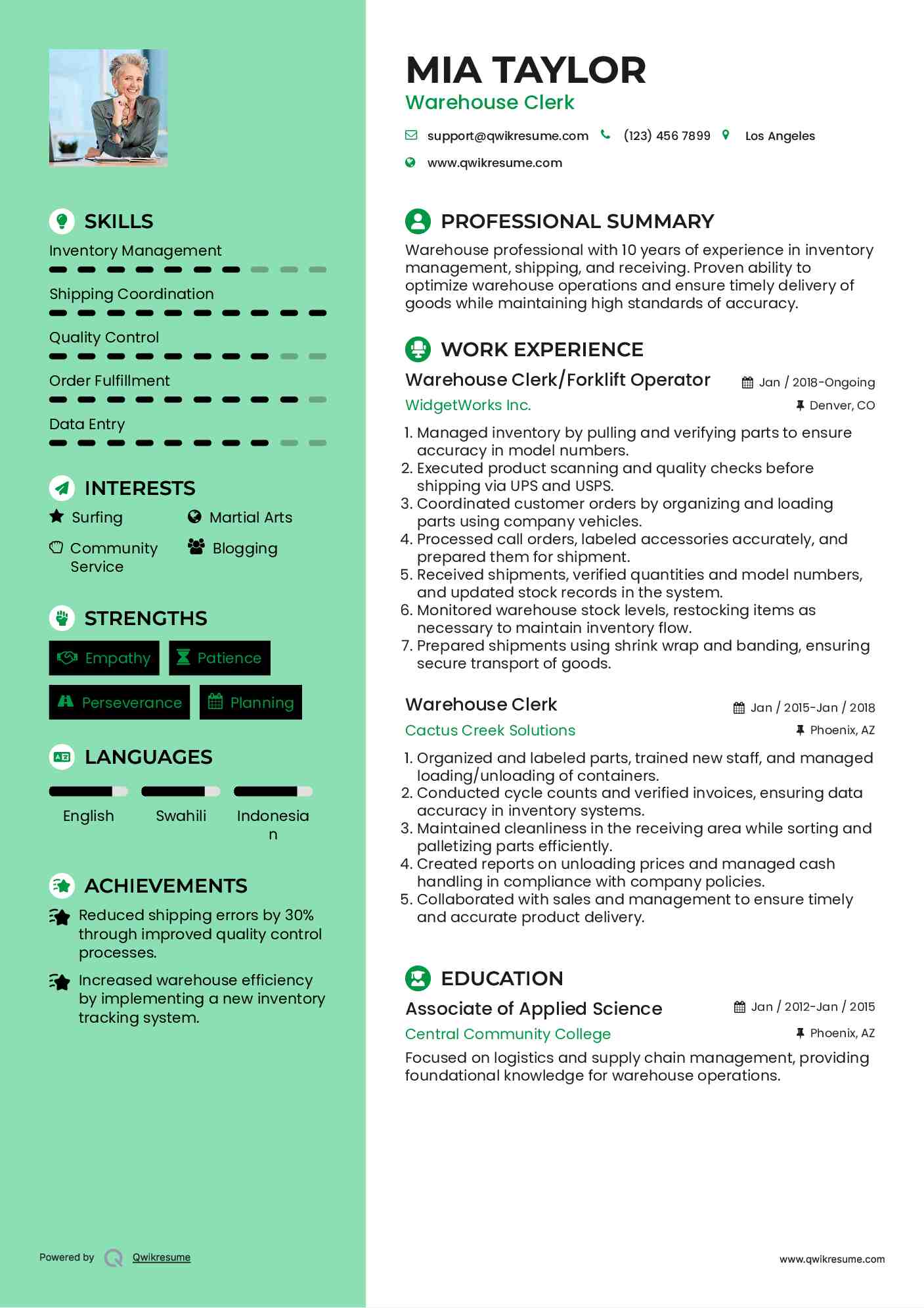 Warehouse Clerk/Forklift Operator Resume Template
