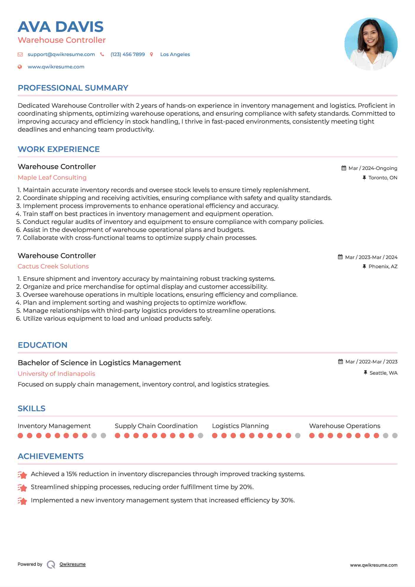 Warehouse Controller Resume Template