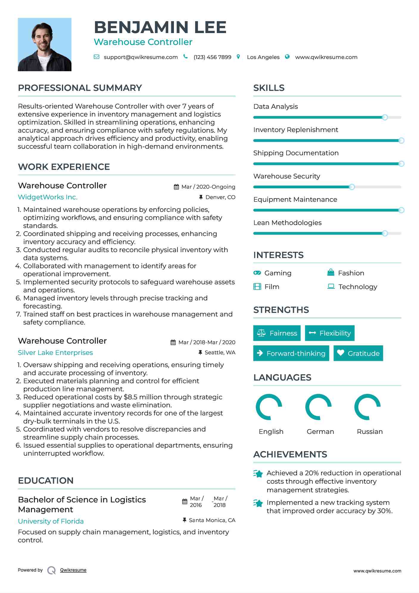 Warehouse Controller Resume Template