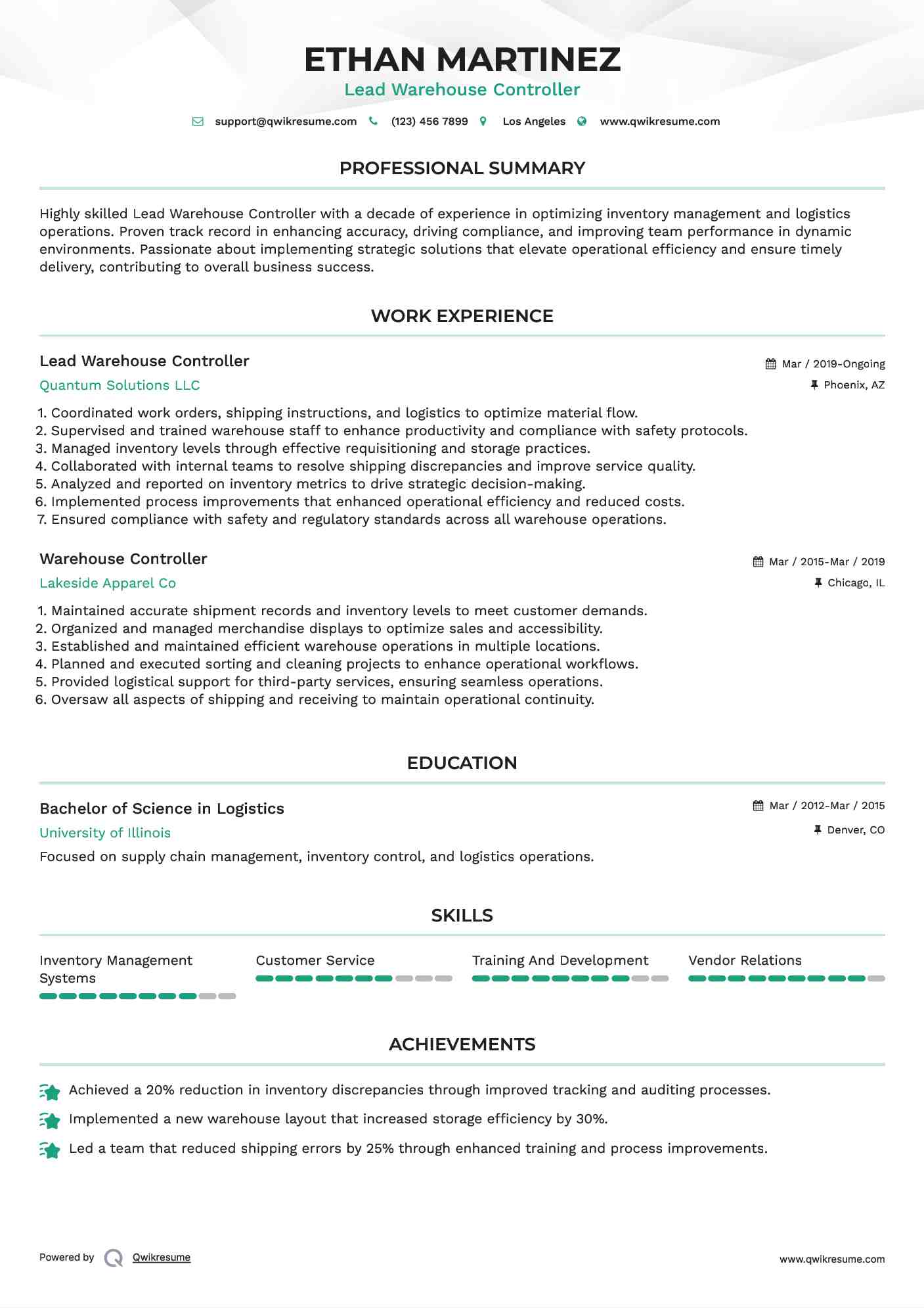 Lead Warehouse Controller Resume Sample