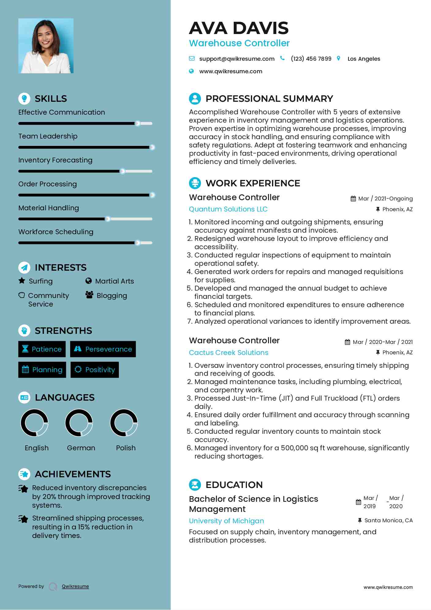 Warehouse Controller Resume Example