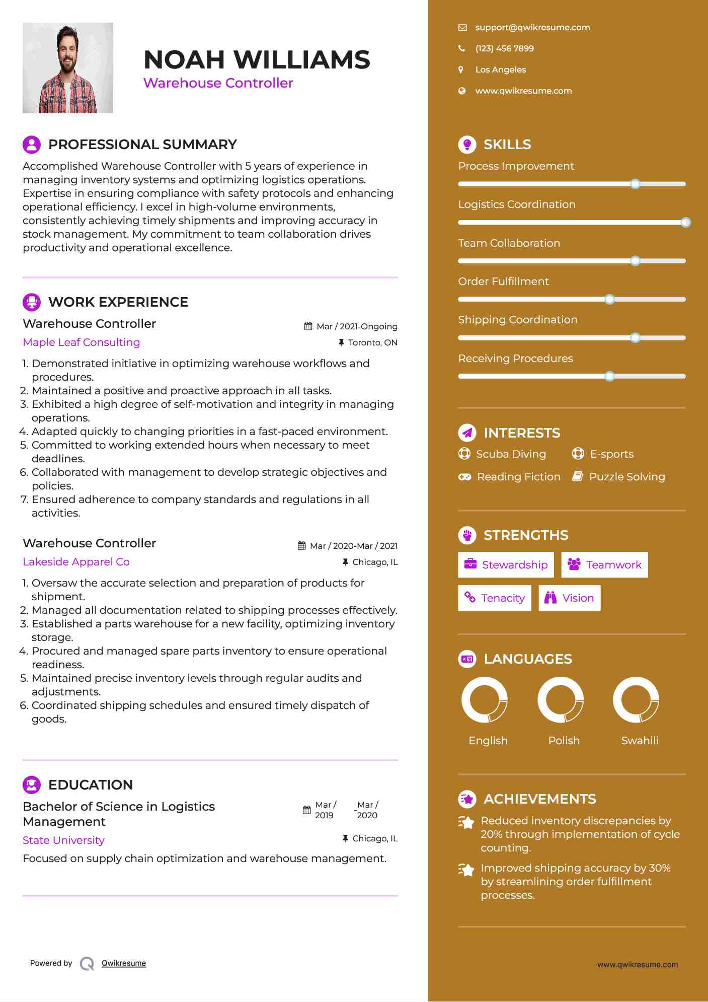 Warehouse Controller Resume Template