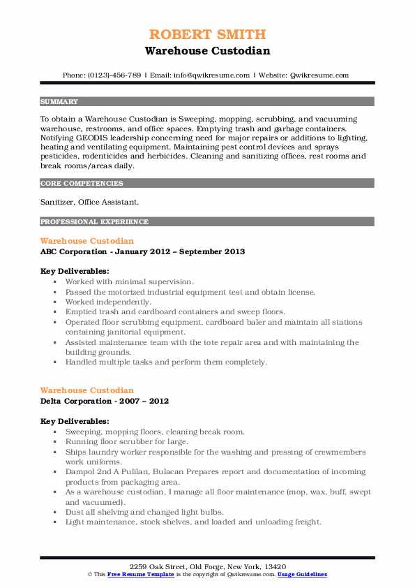 Warehouse Custodian Resume Samples QwikResume