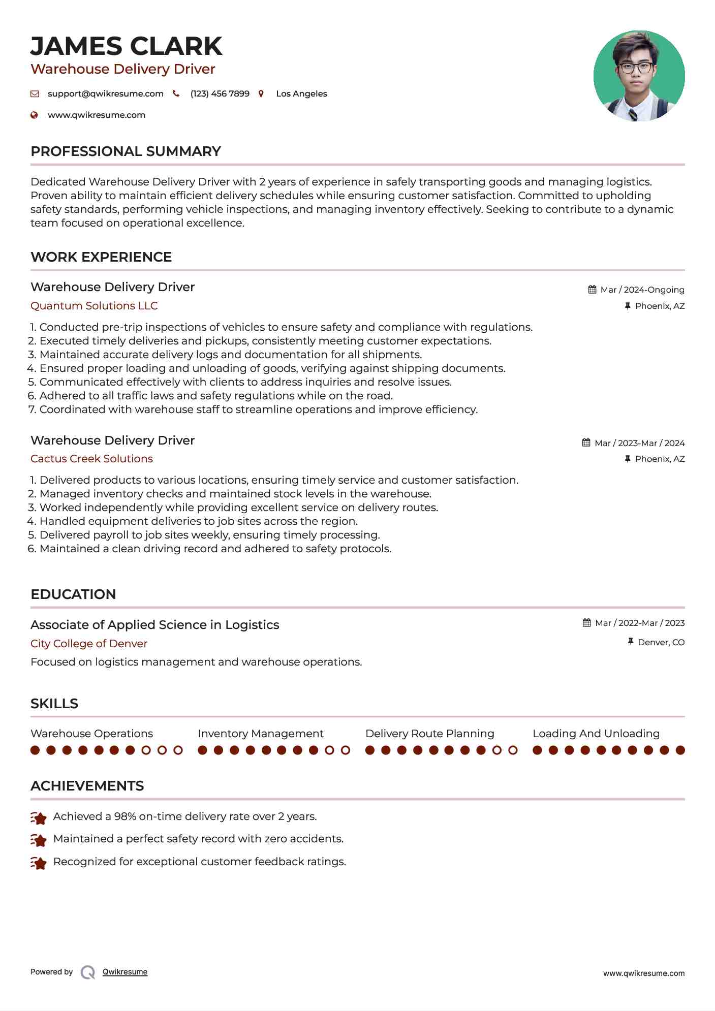 Warehouse Delivery Driver Resume Template