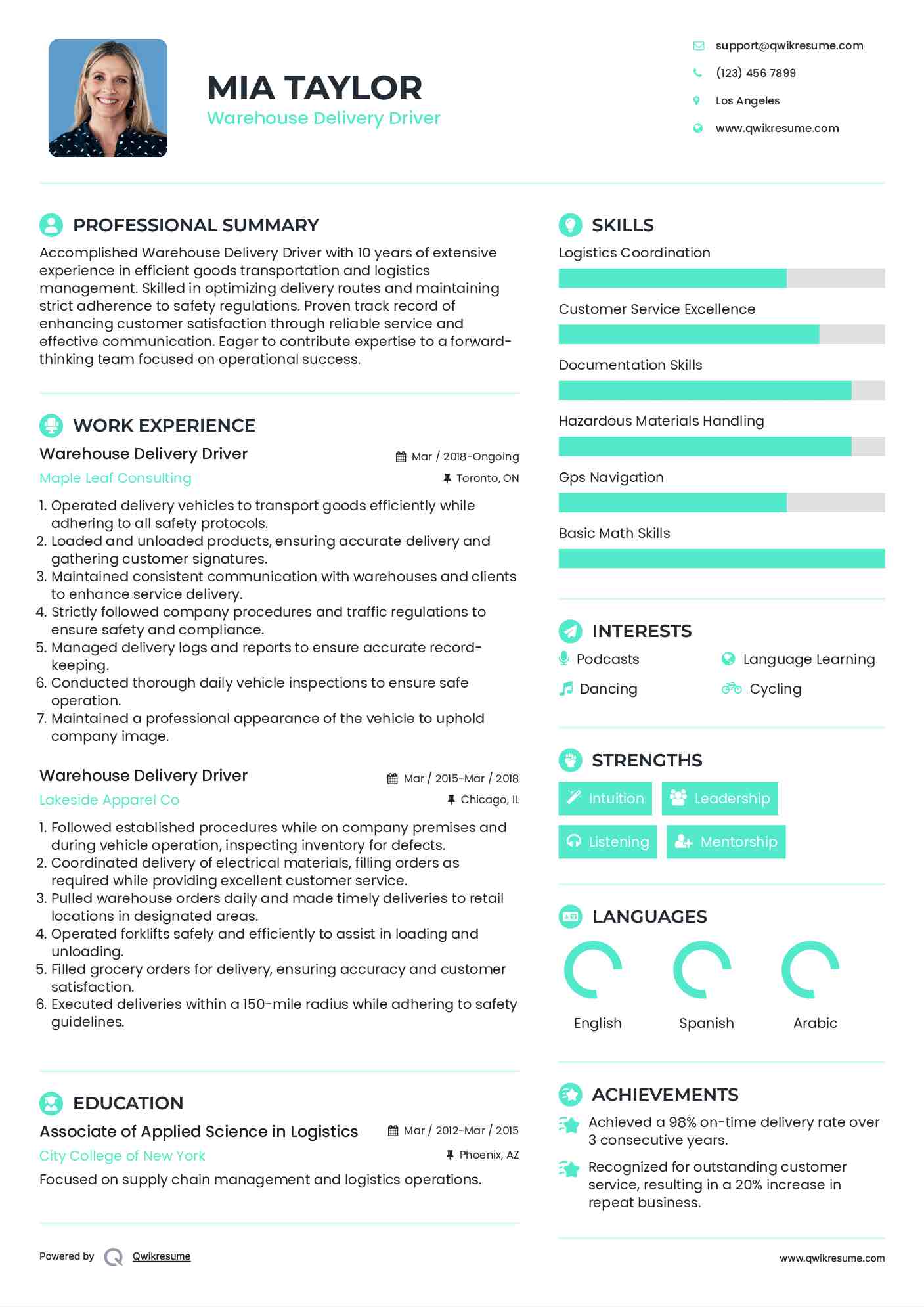 Warehouse Delivery Driver Resume Model