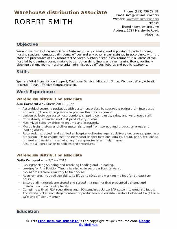 Warehouse distribution associate Resume Samples QwikResume