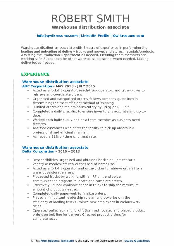Warehouse distribution associate Resume Samples QwikResume