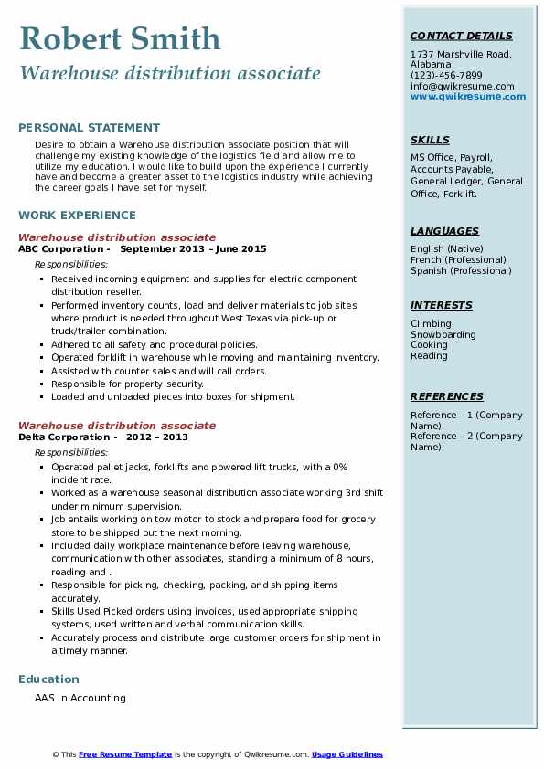 Warehouse distribution associate Resume Samples QwikResume
