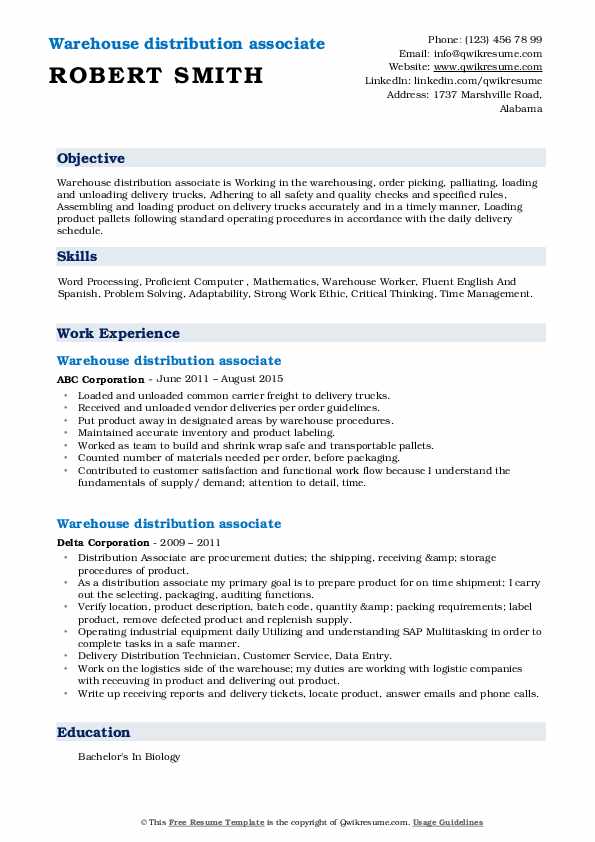 Warehouse distribution associate Resume Samples QwikResume