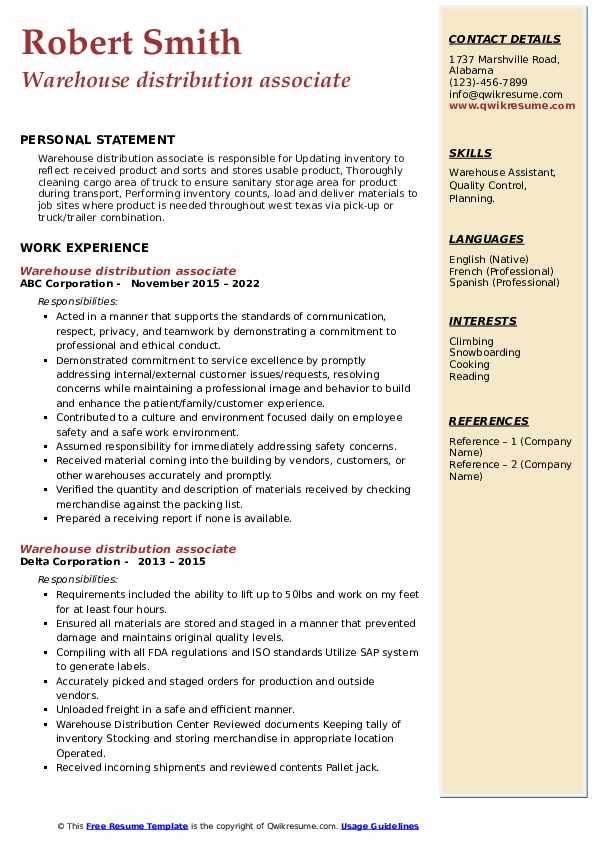 Warehouse distribution associate Resume Samples QwikResume