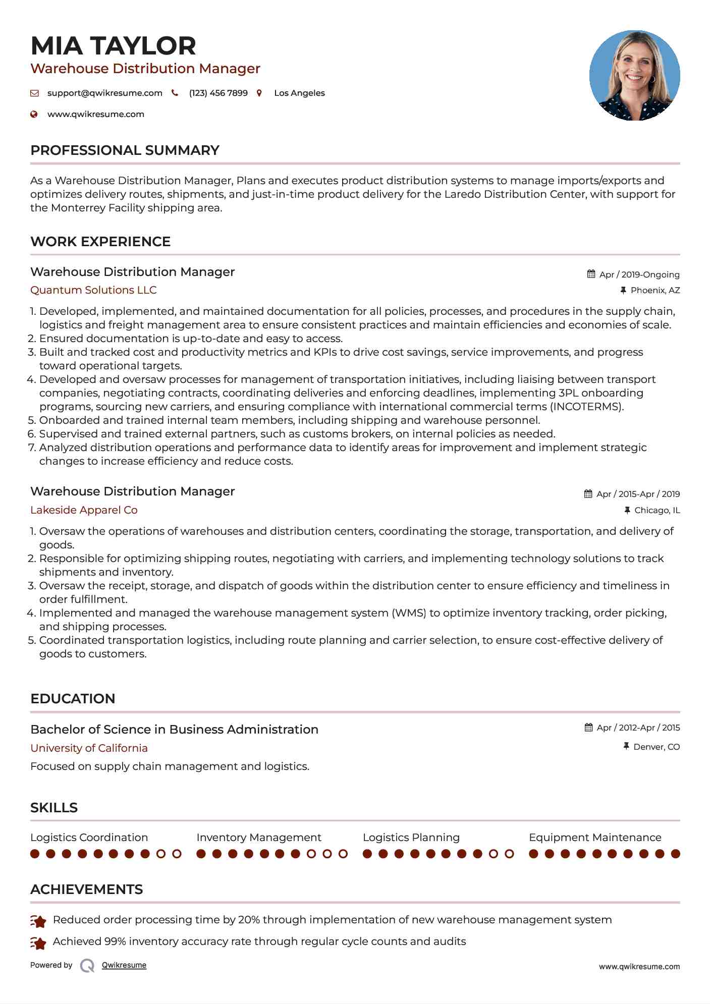 Warehouse Distribution Manager Resume Template