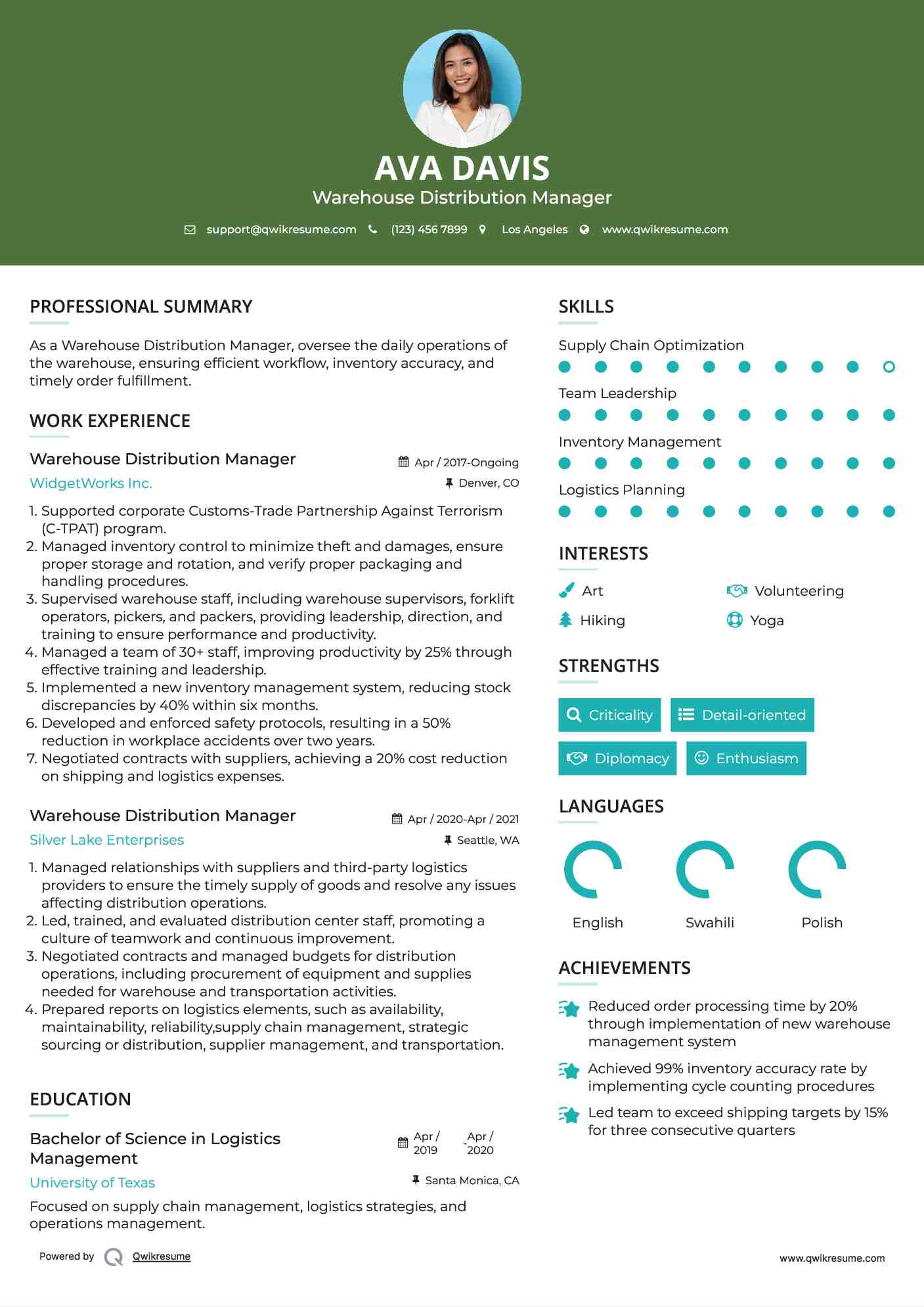 Warehouse Distribution Manager Resume Example