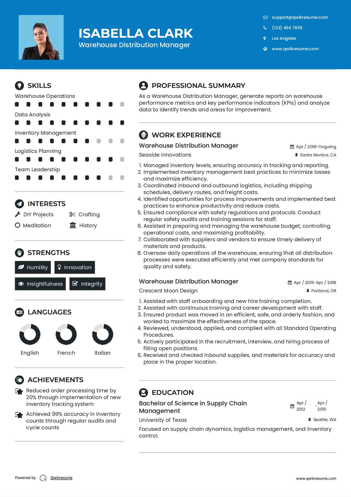 Warehouse Distribution Manager Resume Model