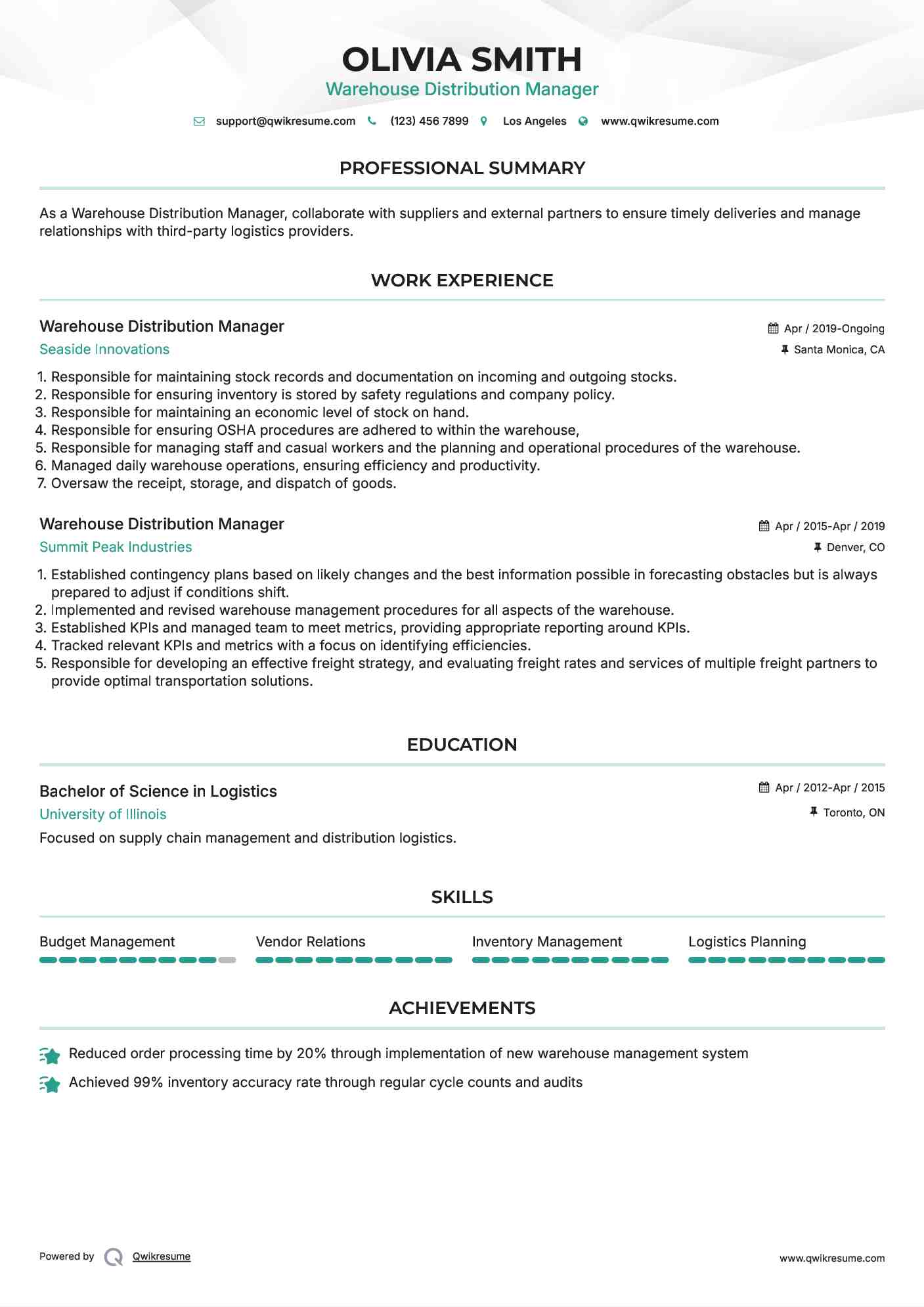 Warehouse Distribution Manager Resume Format